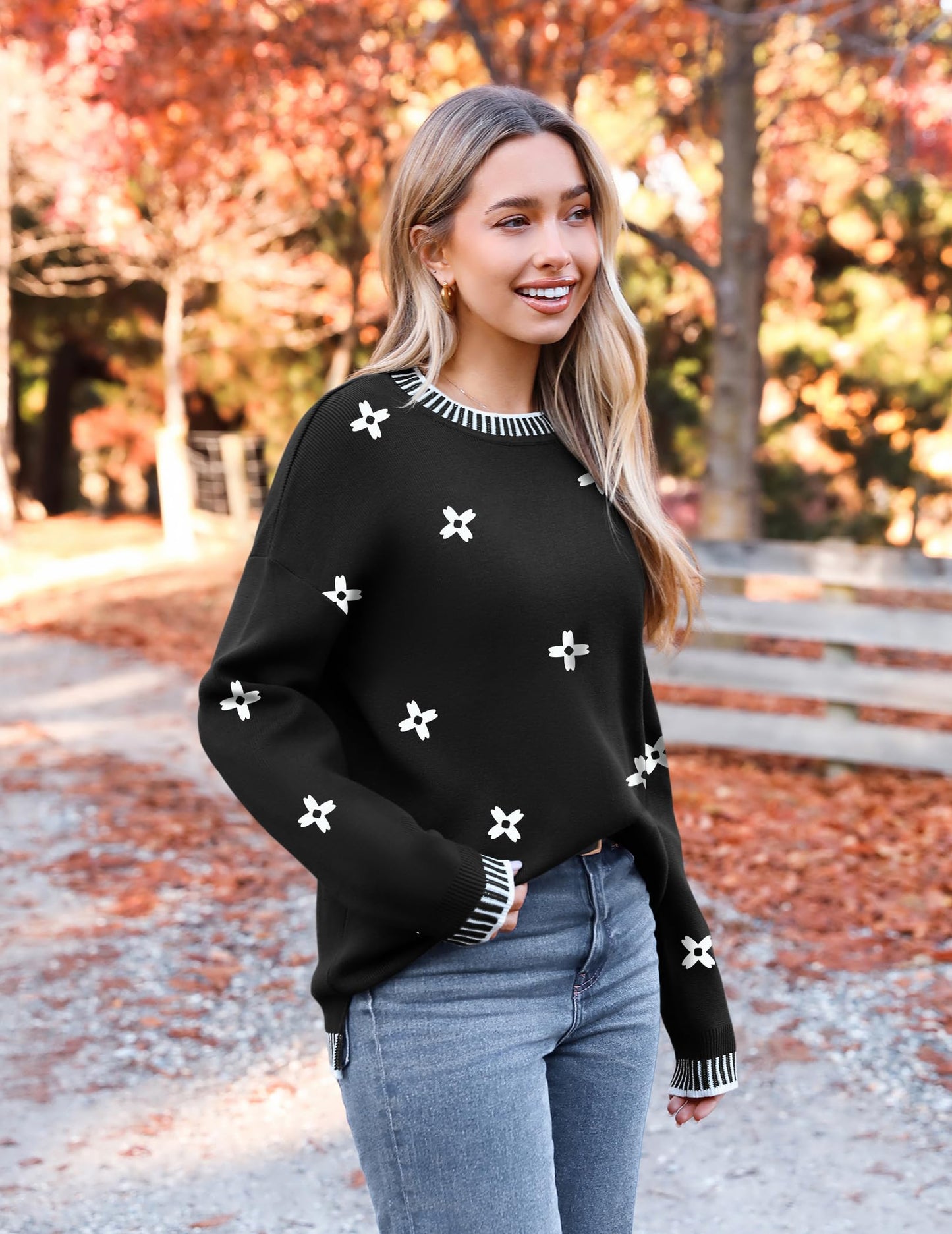 Womens Crewneck Pullover Sweater Long Sleeve Knit Side Slit