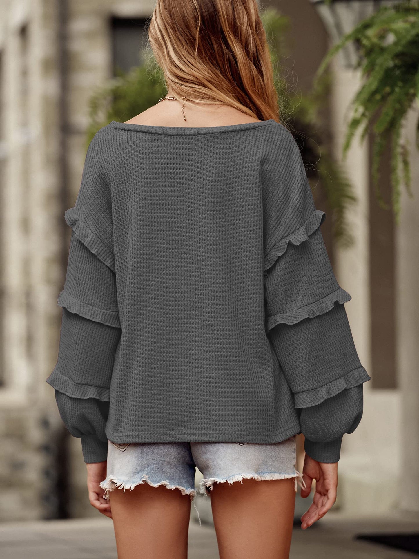 Women’s V Neck Long Sleeve Blouse Loose Fit Tunics Ruffles Off Shoulder Waffle Knit Solid Color Tops