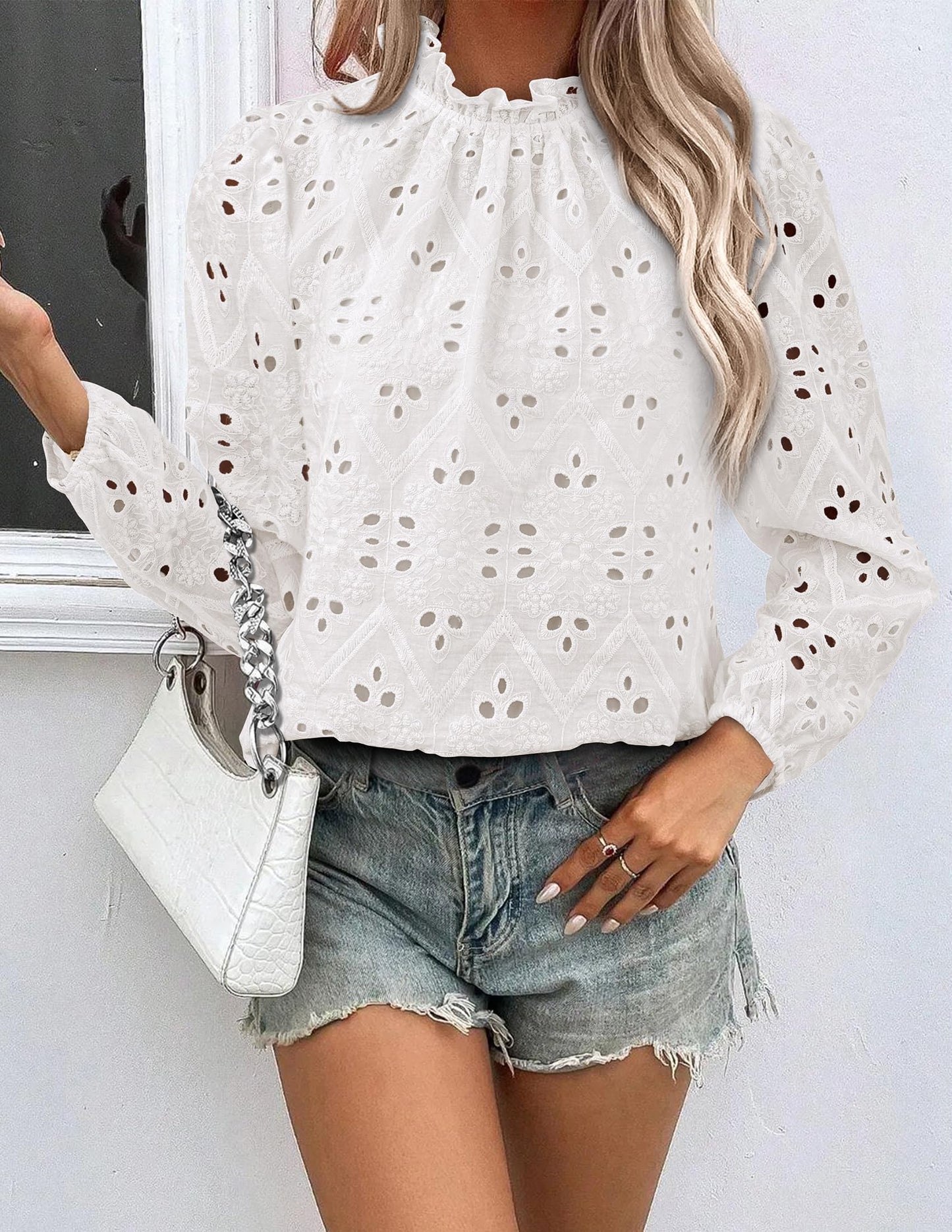 Women’s Blouses Dressy Casual Embroidered Long Puff Sleeve Shirts Ruffle Eyelet Lace Top