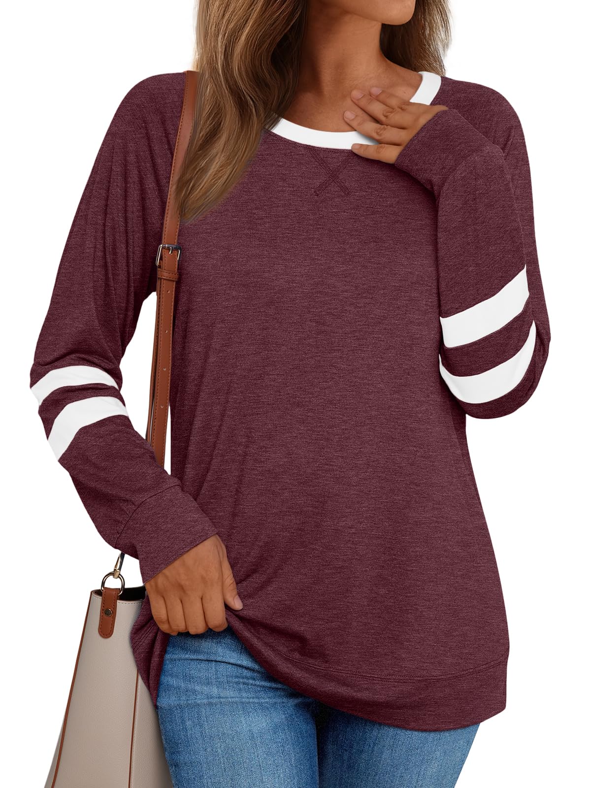 Womens Long Sleeve Shirts Color Block Casual Crewneck Tops Tshirt