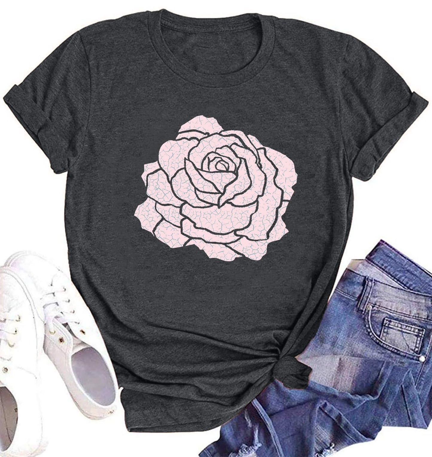 Rose Shirt for Women Flower Graphic Tee Vintage Roses T Shirts Women Loose Fit Rose Tops Short Sleeve