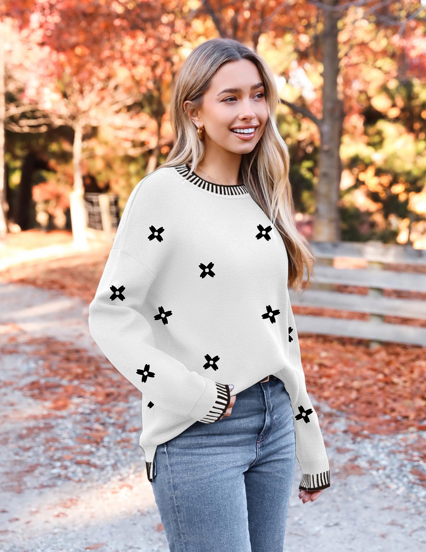 Womens Crewneck Pullover Sweater Long Sleeve Knit Side Slit
