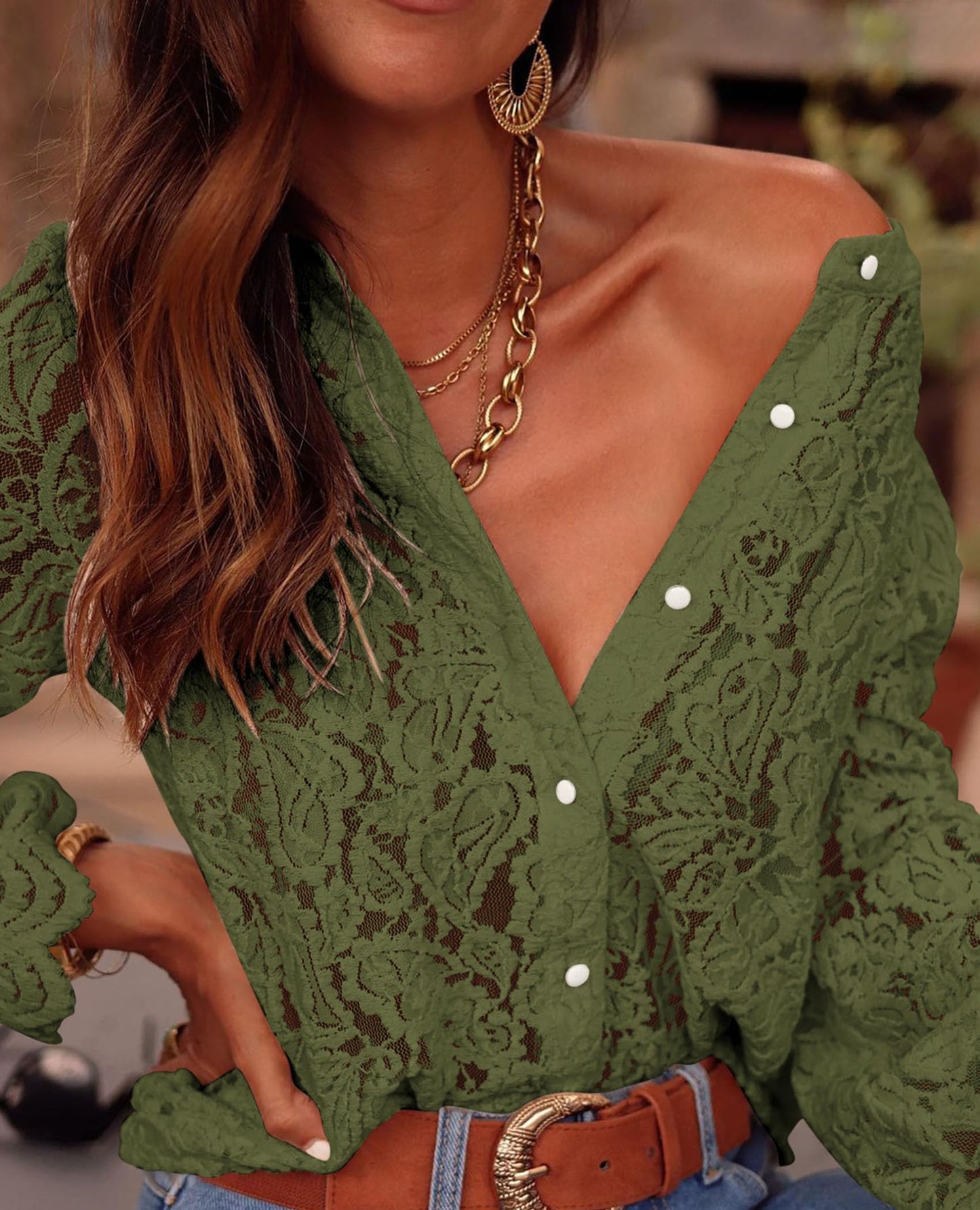 Women's Dressy Casual Lace Blouse Long Sleeve Button Up Shirts Tops