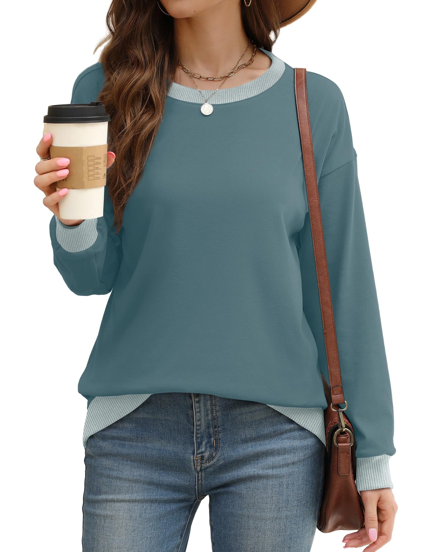 Sweatshirts for Women Crewneck Long Sleeve Loose Fit Tops Color Block Ribbed Trim Fashion