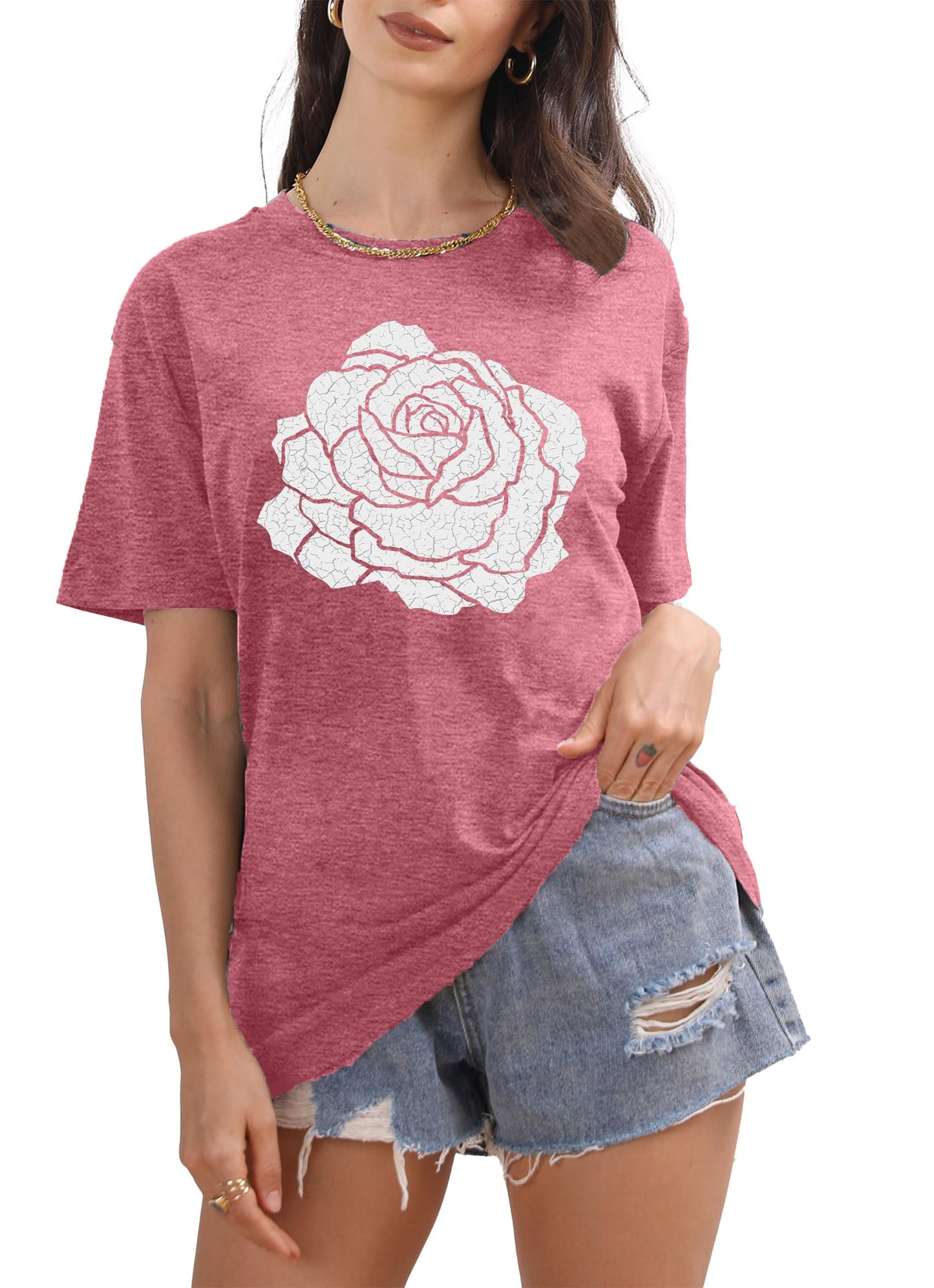 Rose Shirt for Women Flower Graphic Tee Vintage Roses T Shirts Women Loose Fit Rose Tops Short Sleeve
