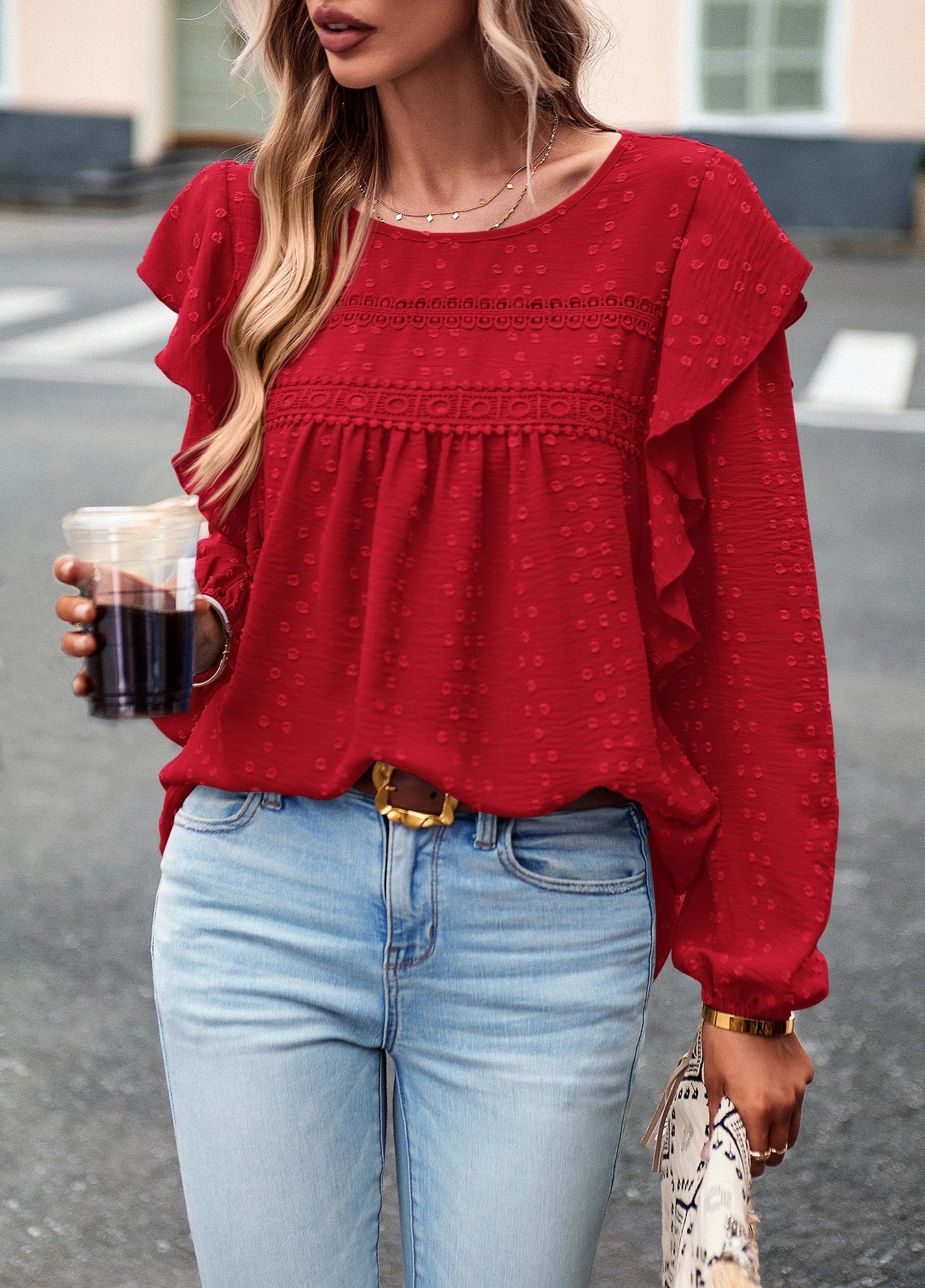 Women's Long Sleeve Blouses Ruffle Swiss Dot Crochet Loose Fit