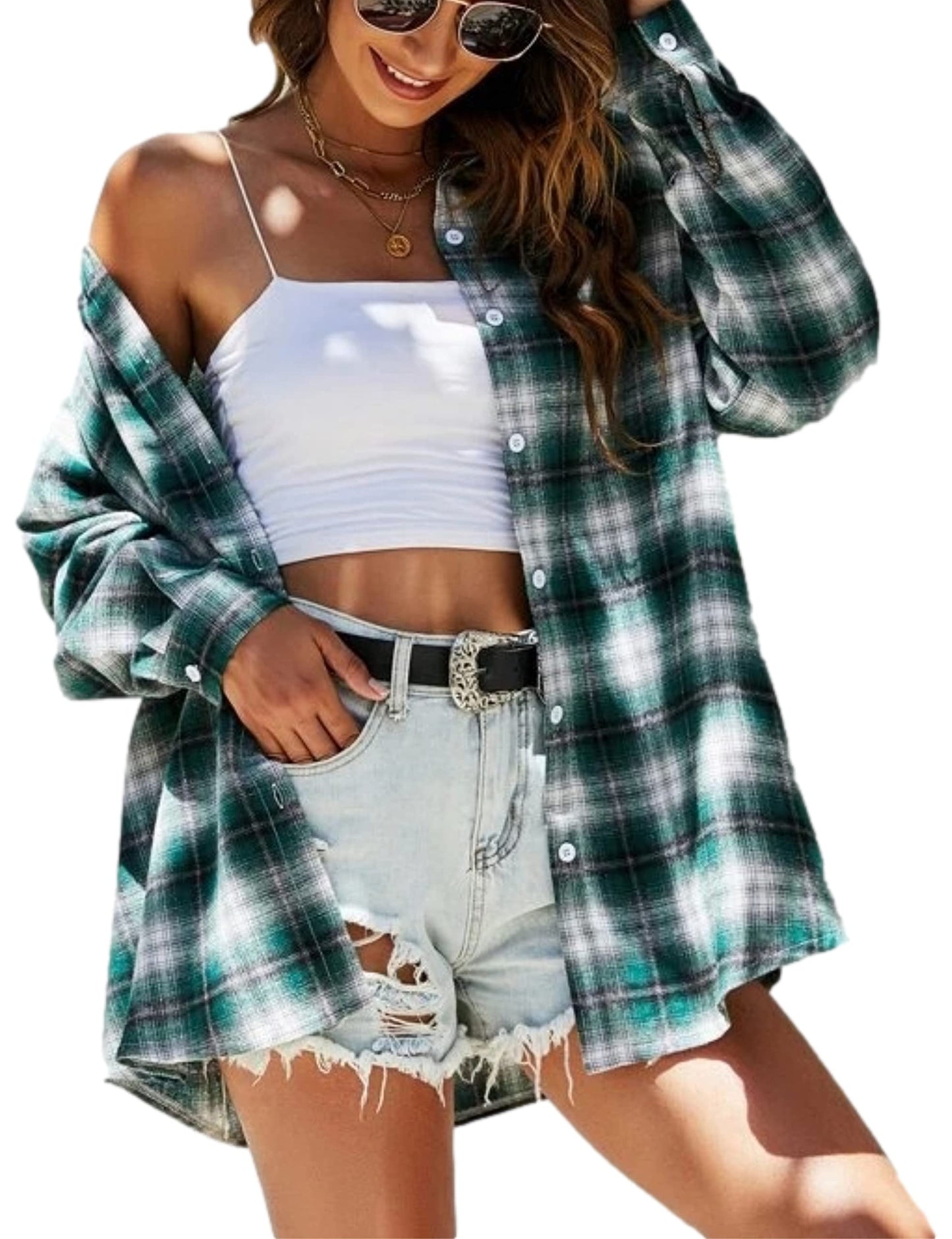 Plaid Flannel Shirts for Women Oversized Long Sleeve Button Down Buffalo Plaid Shirt Blouse Tops