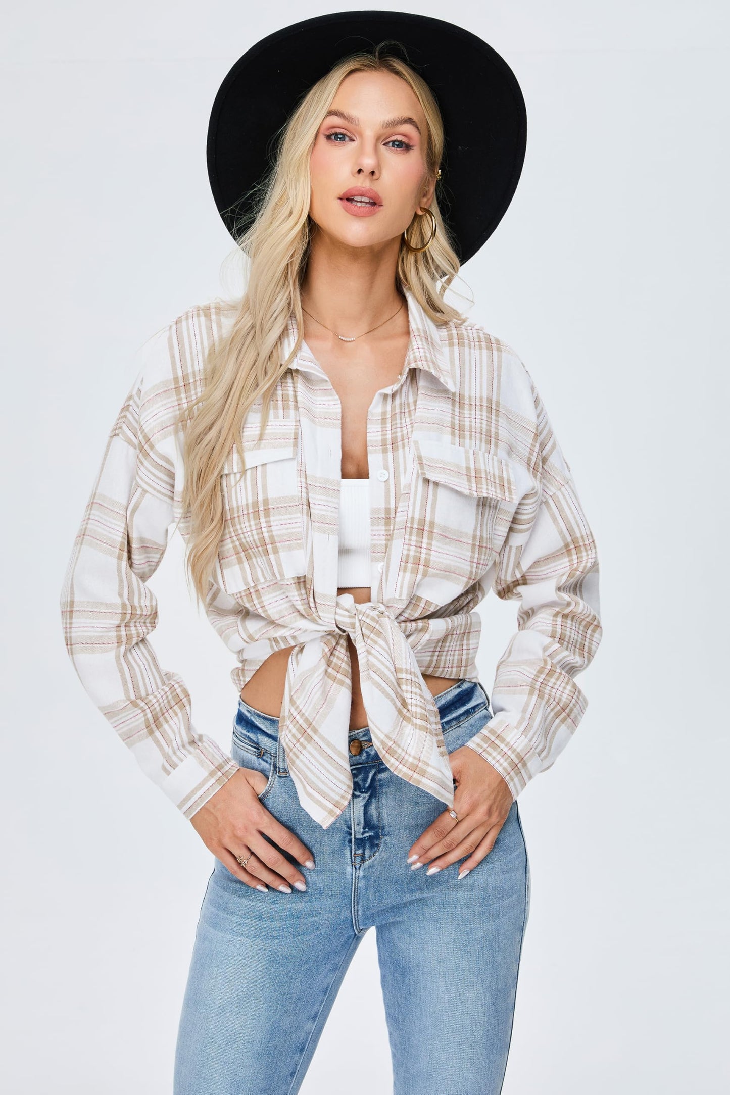 Women's Button Down Flannel Shirts Plaid Shacket Long Sleeve Collared Business Casual Tops Work Blouses