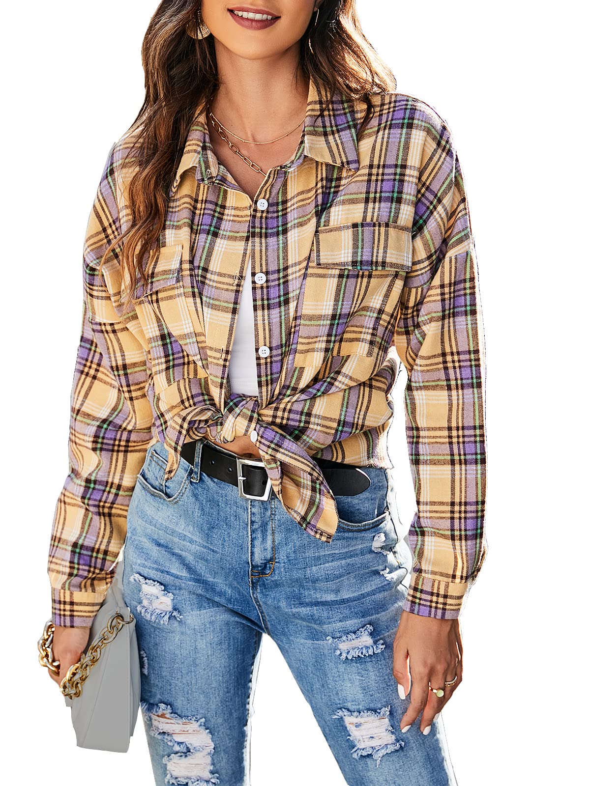 Women's Button Down Flannel Shirts Plaid Shacket Long Sleeve Collared Business Casual Tops Work Blouses