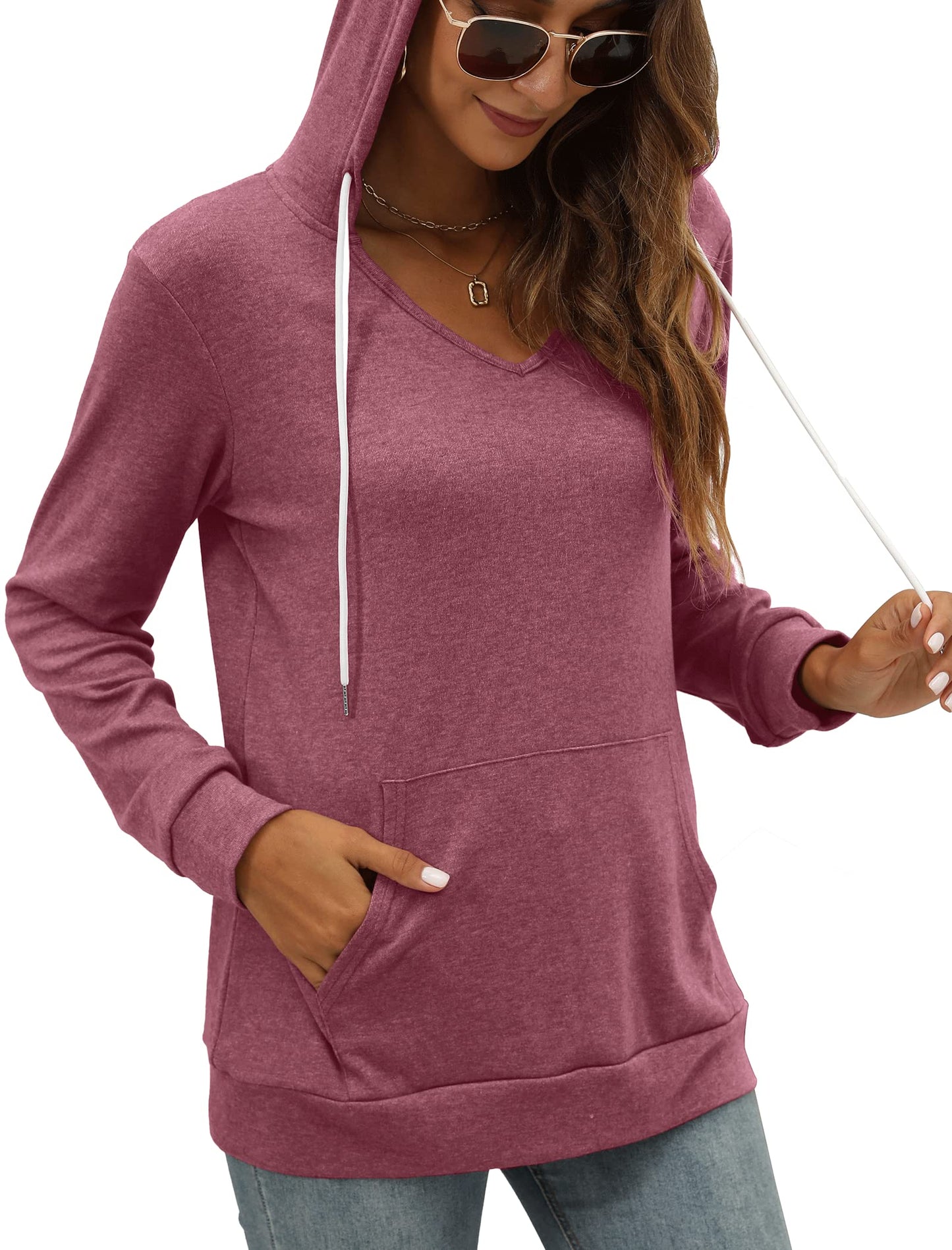 Pocket Hoodies for Womens V Neck Lightweight Sweatshirts Long Sleeve Tops