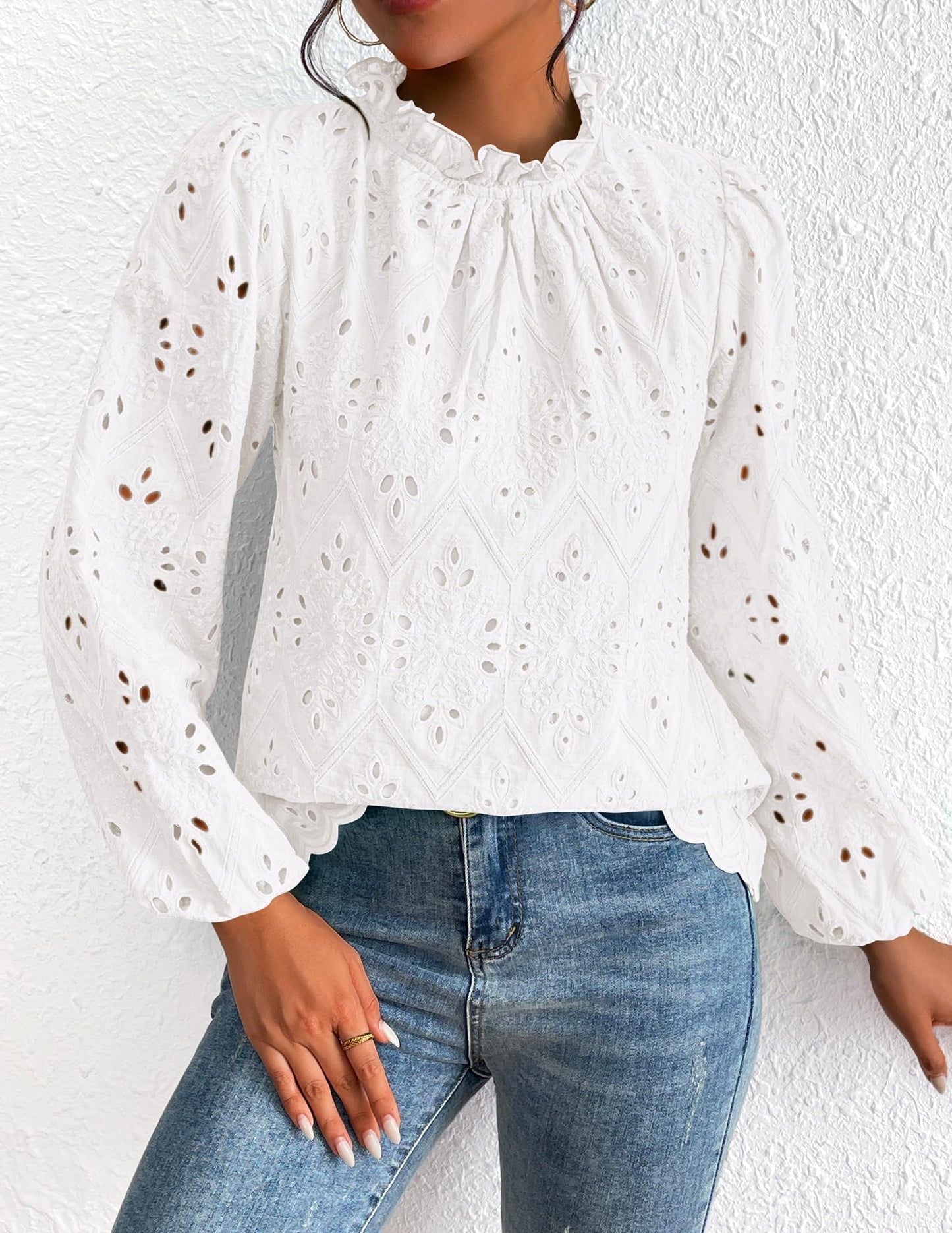 Women’s Blouses Dressy Casual Embroidered Long Puff Sleeve Shirts Ruffle Eyelet Lace Top