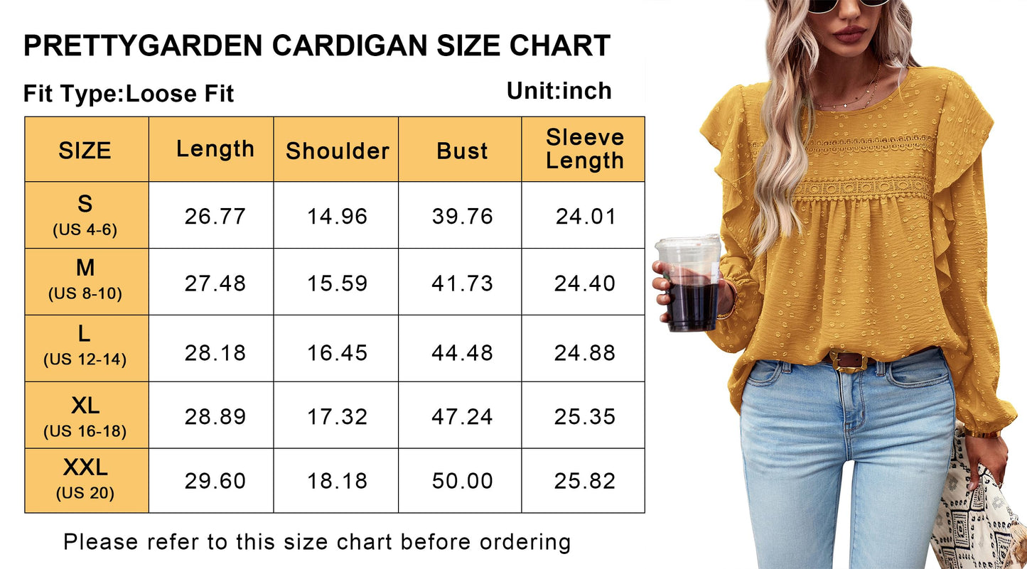 Women's Long Sleeve Blouses Ruffle Swiss Dot Crochet Loose Fit