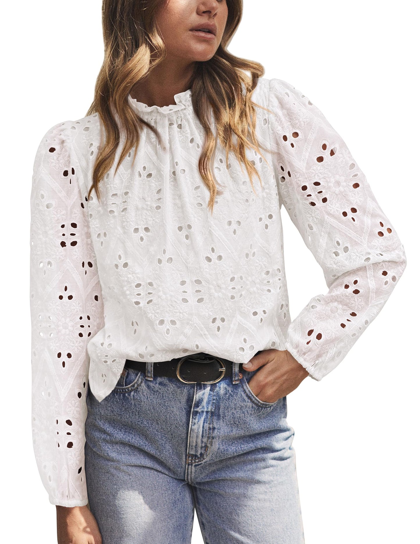 Women’s Blouses Dressy Casual Embroidered Long Puff Sleeve Shirts Ruffle Eyelet Lace Top