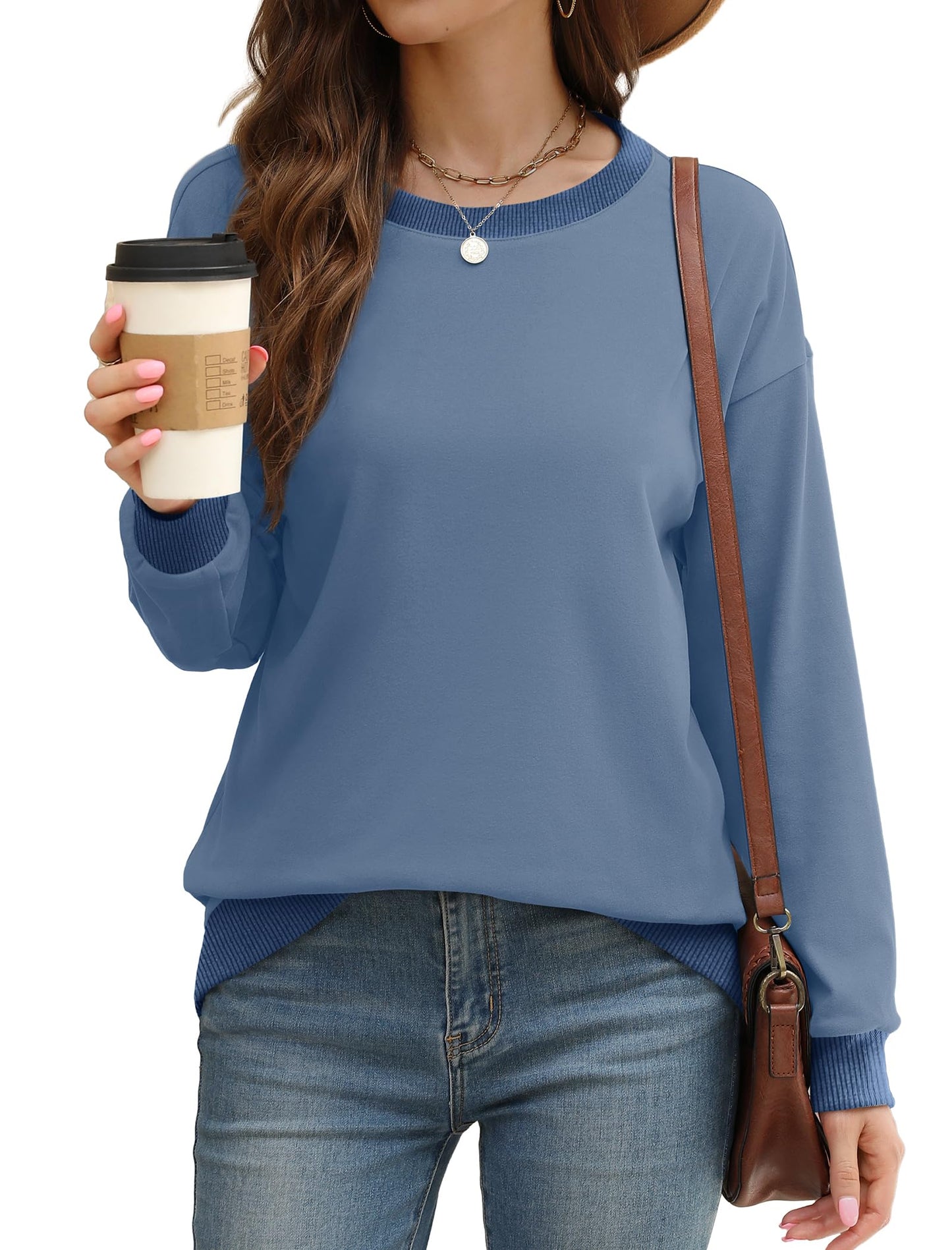 Sweatshirts for Women Crewneck Long Sleeve Loose Fit Tops Color Block Ribbed Trim Fashion