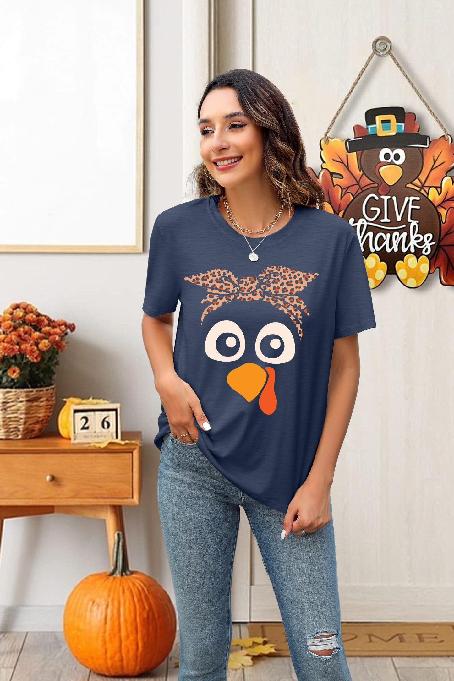 Turkey Shirts for Women Thanksgiving Shirt Funny Turkey Face Graphic Shirts Cute Fall Holiday Tee Tops