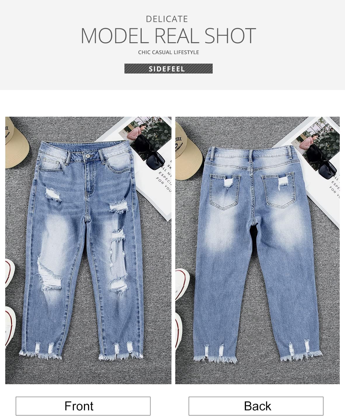 Women's Ripped Jeans Straight Leg Distressed Boyfriend Denim Pants