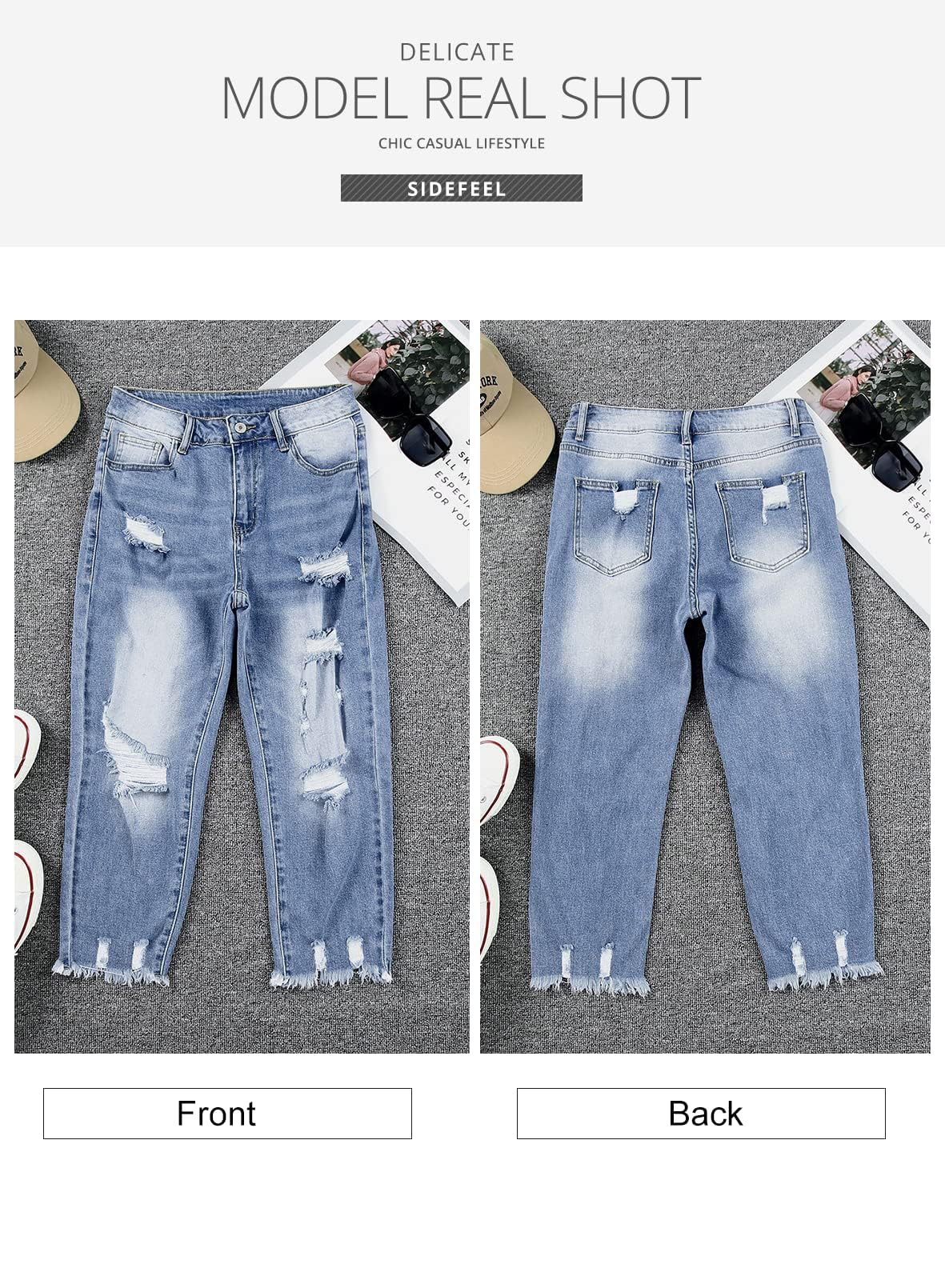 Women's Ripped Jeans Straight Leg Distressed Boyfriend Denim Pants