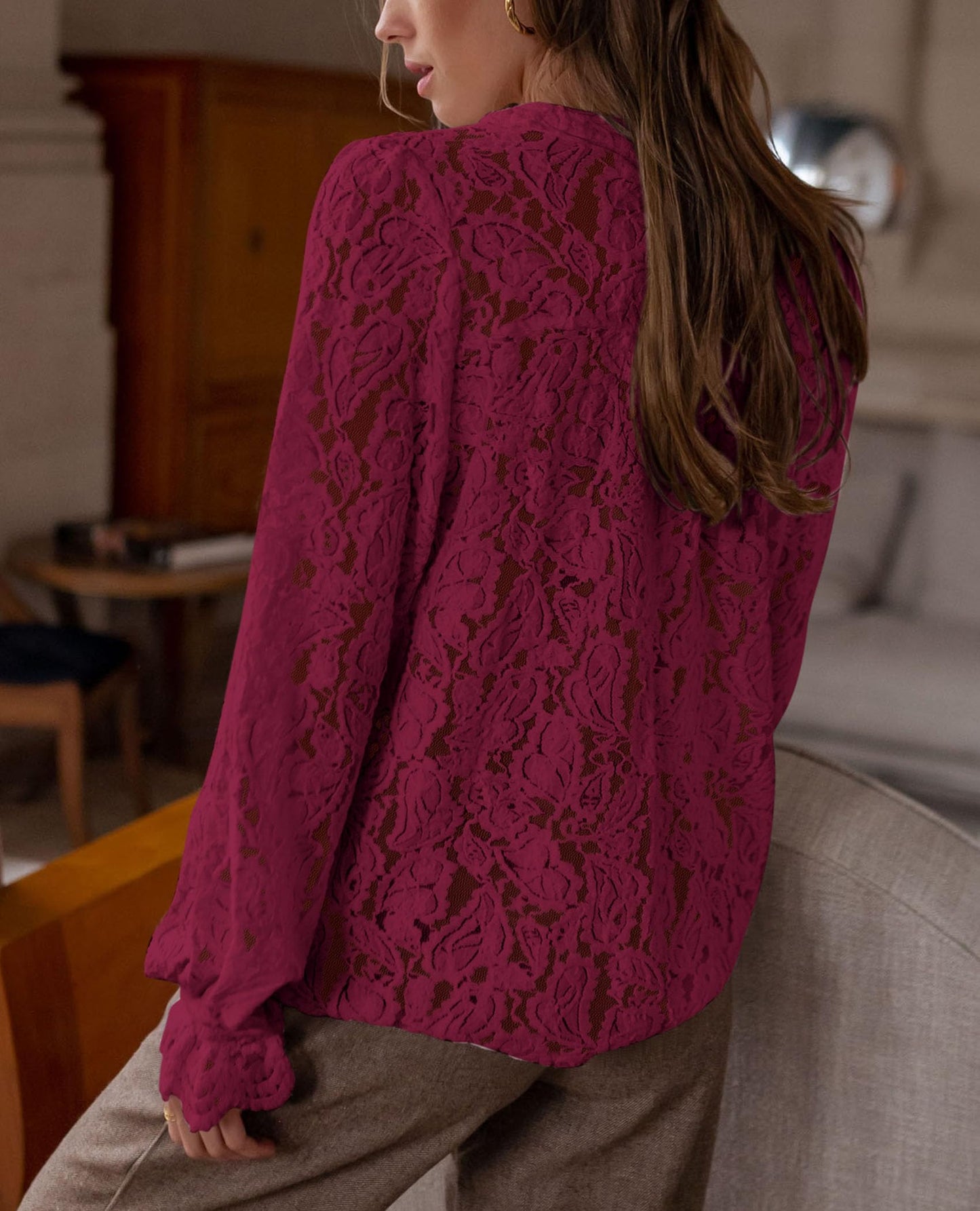 Women's Dressy Casual Lace Blouse Long Sleeve Button Up Shirts Tops