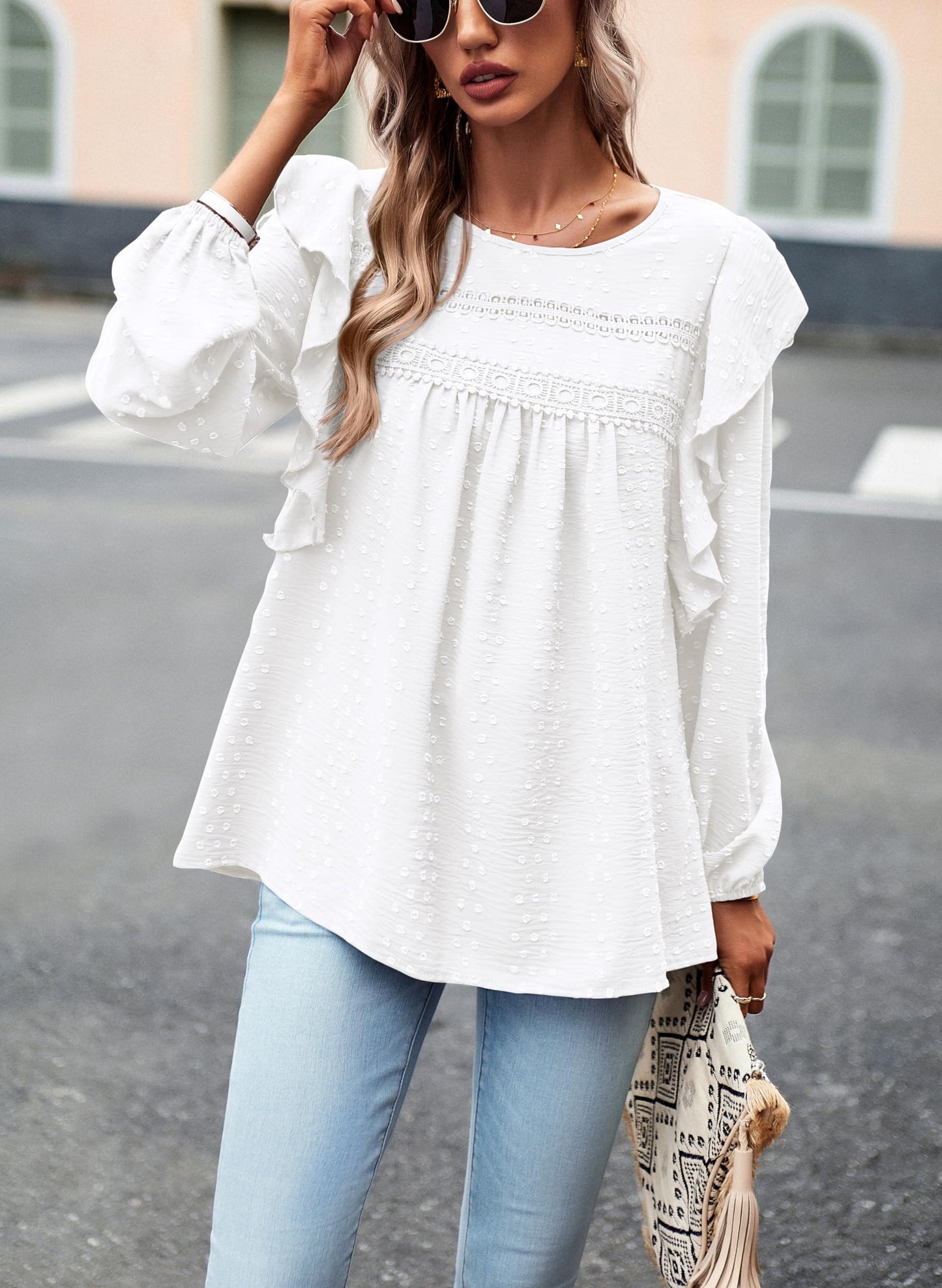 Women's Long Sleeve Blouses Ruffle Swiss Dot Crochet Loose Fit