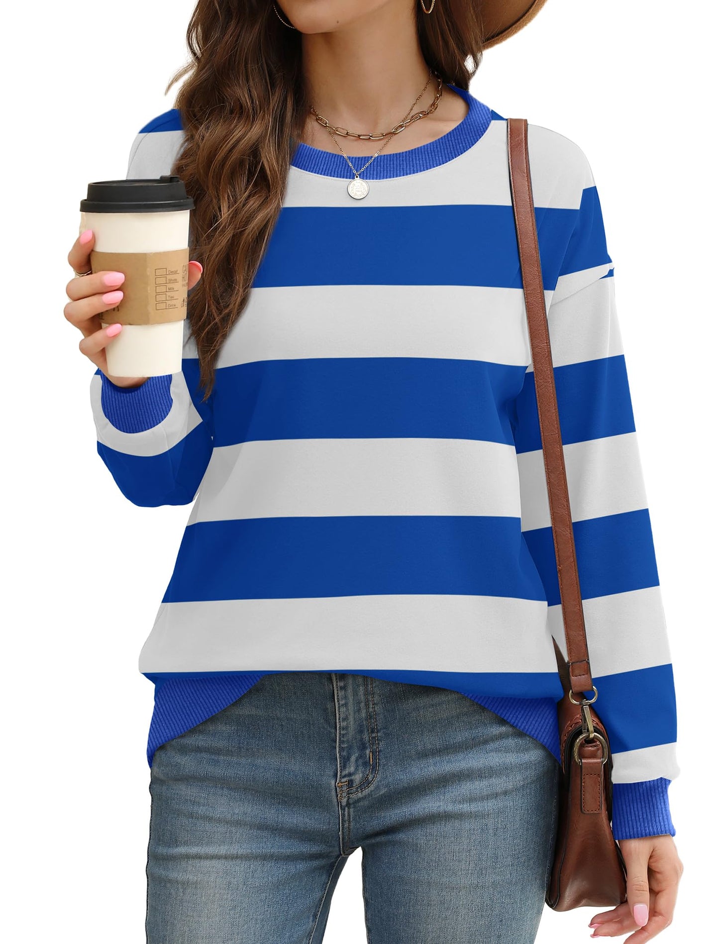 Sweatshirts for Women Crewneck Long Sleeve Loose Fit Tops Color Block Ribbed Trim Fashion