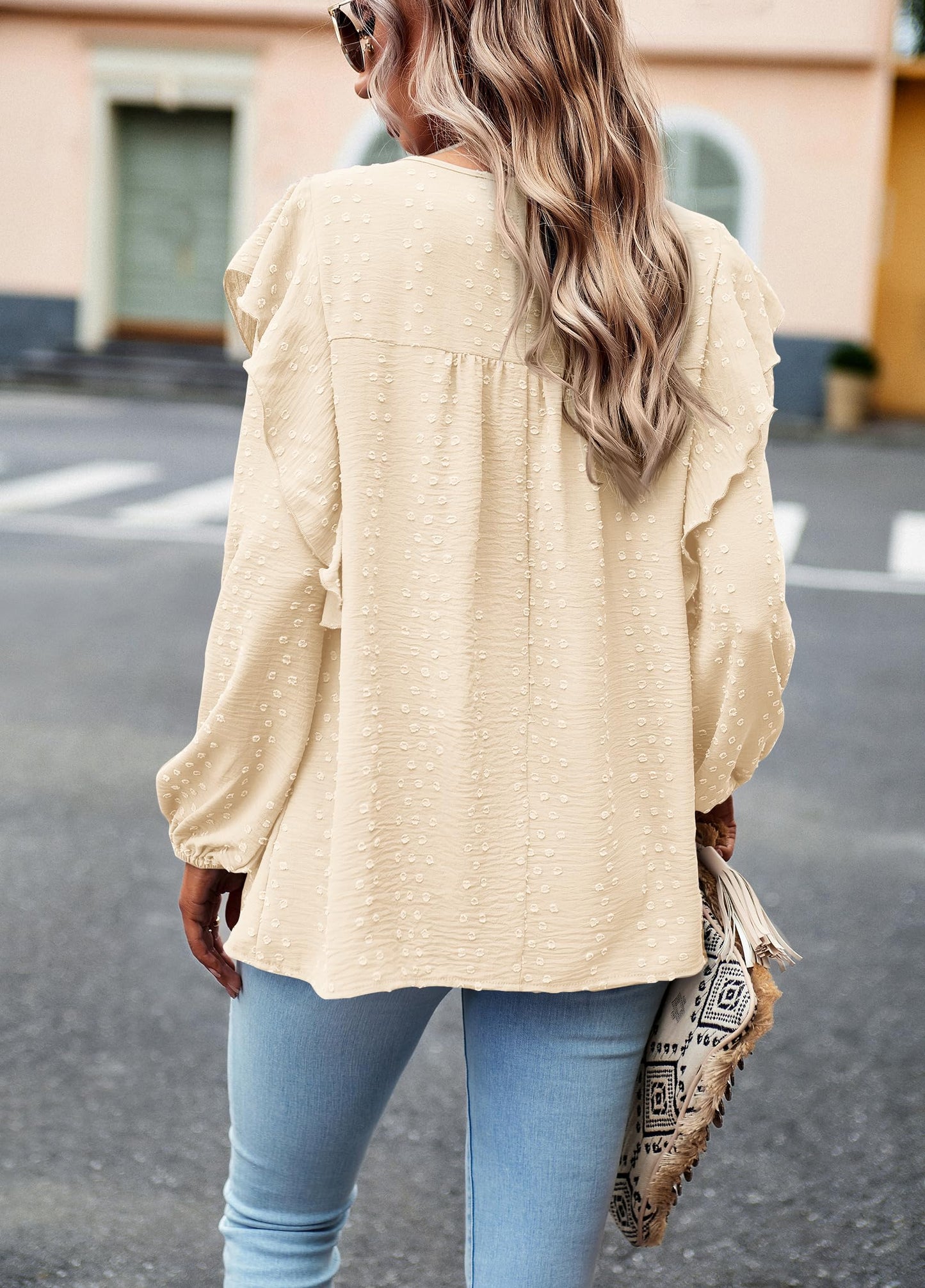 Women's Long Sleeve Blouses Ruffle Swiss Dot Crochet Loose Fit