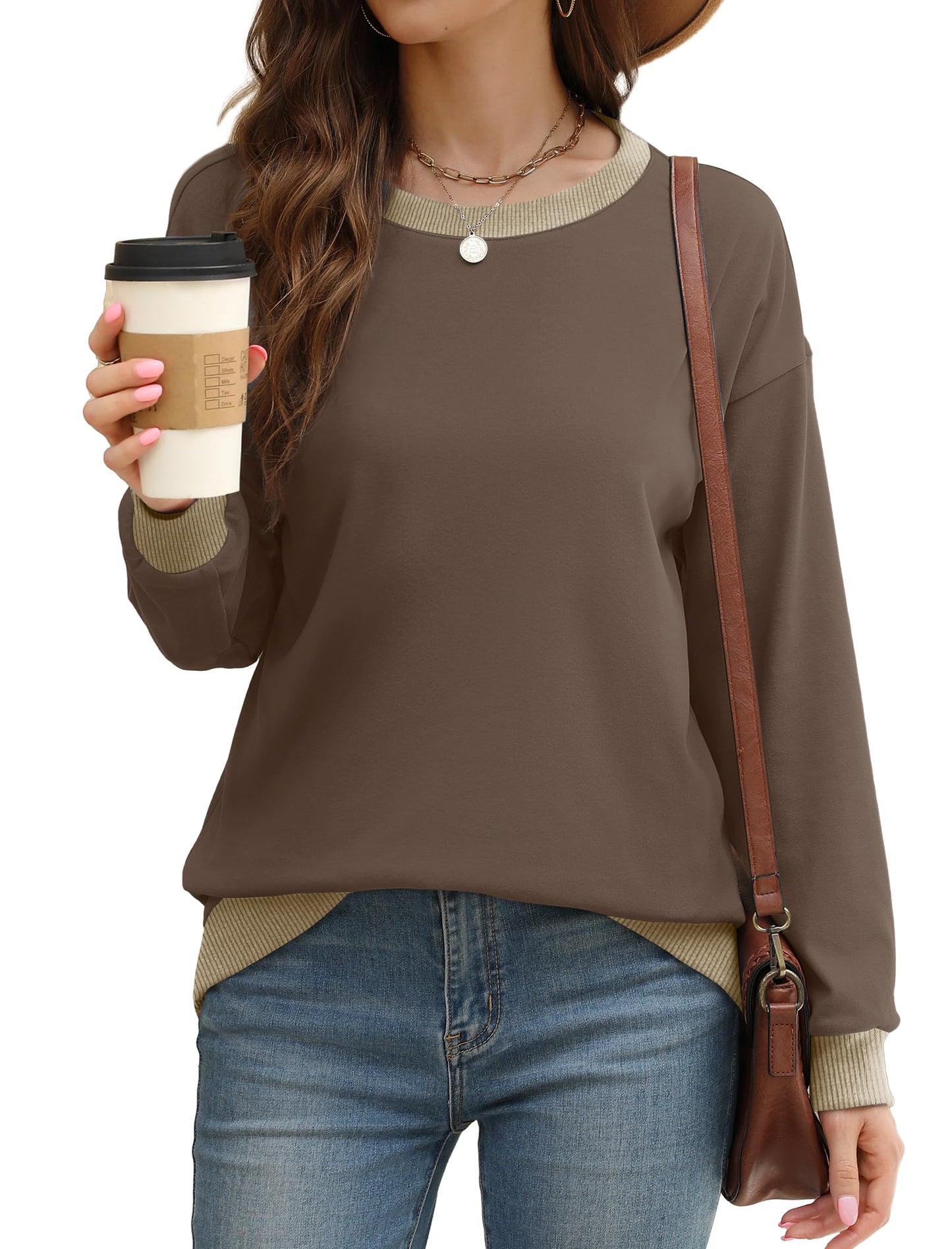 Sweatshirts for Women Crewneck Long Sleeve Loose Fit Tops Color Block Ribbed Trim Fashion