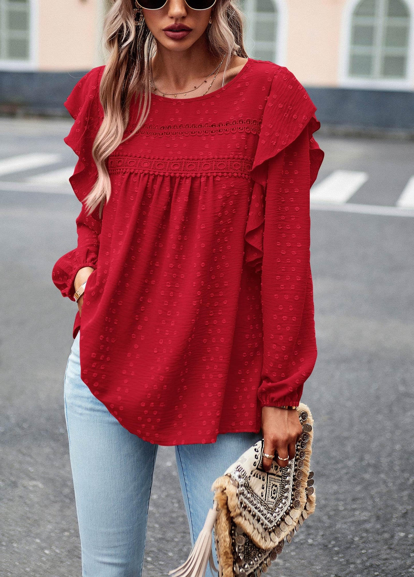 Women's Long Sleeve Blouses Ruffle Swiss Dot Crochet Loose Fit