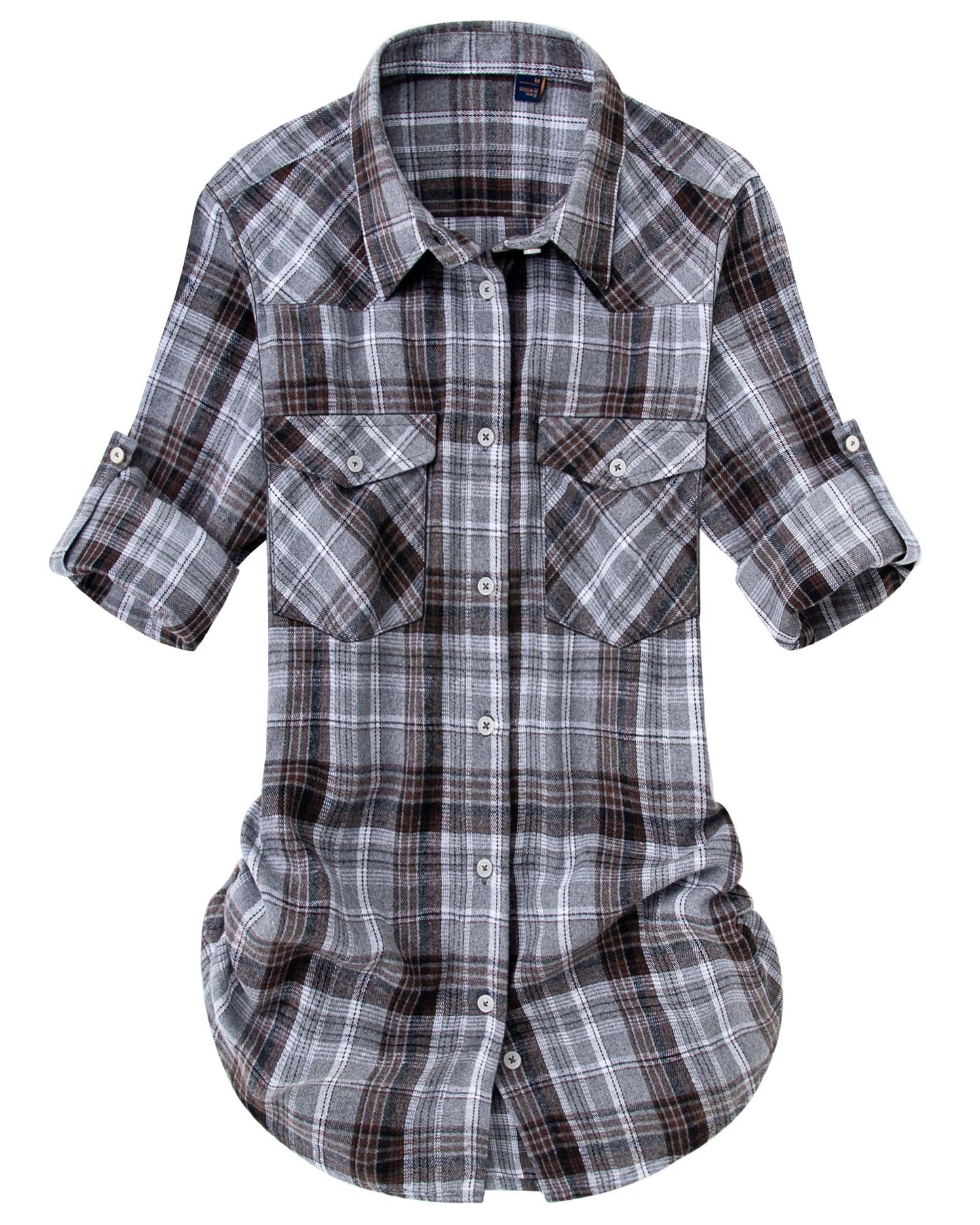 Womens Plaid Flannel Shirts Long Sleeve Roll Up Casual Button Down Shirt