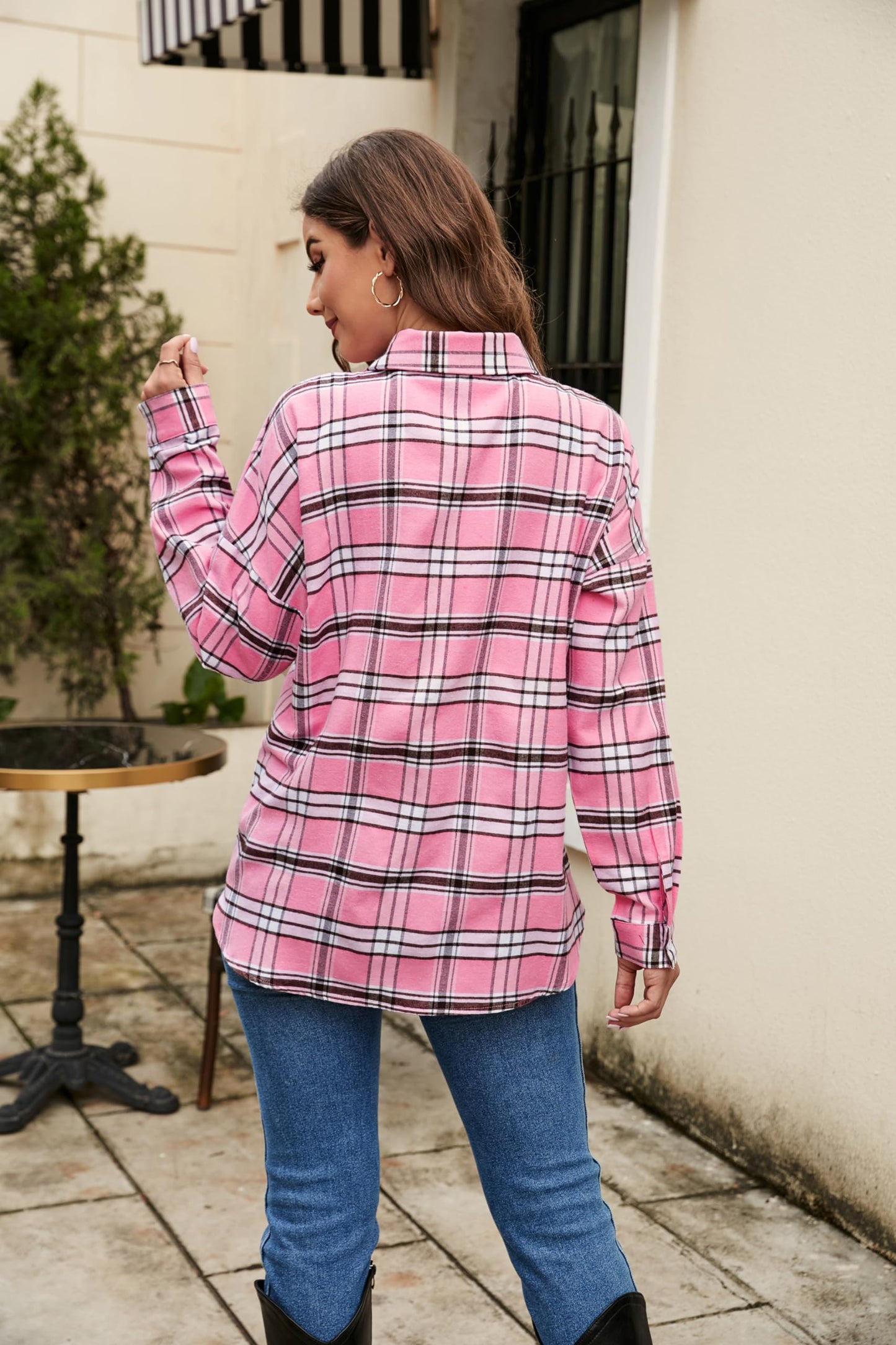 Women's Button Down Flannel Shirts Plaid Shacket Long Sleeve Collared Business Casual Tops Work Blouses