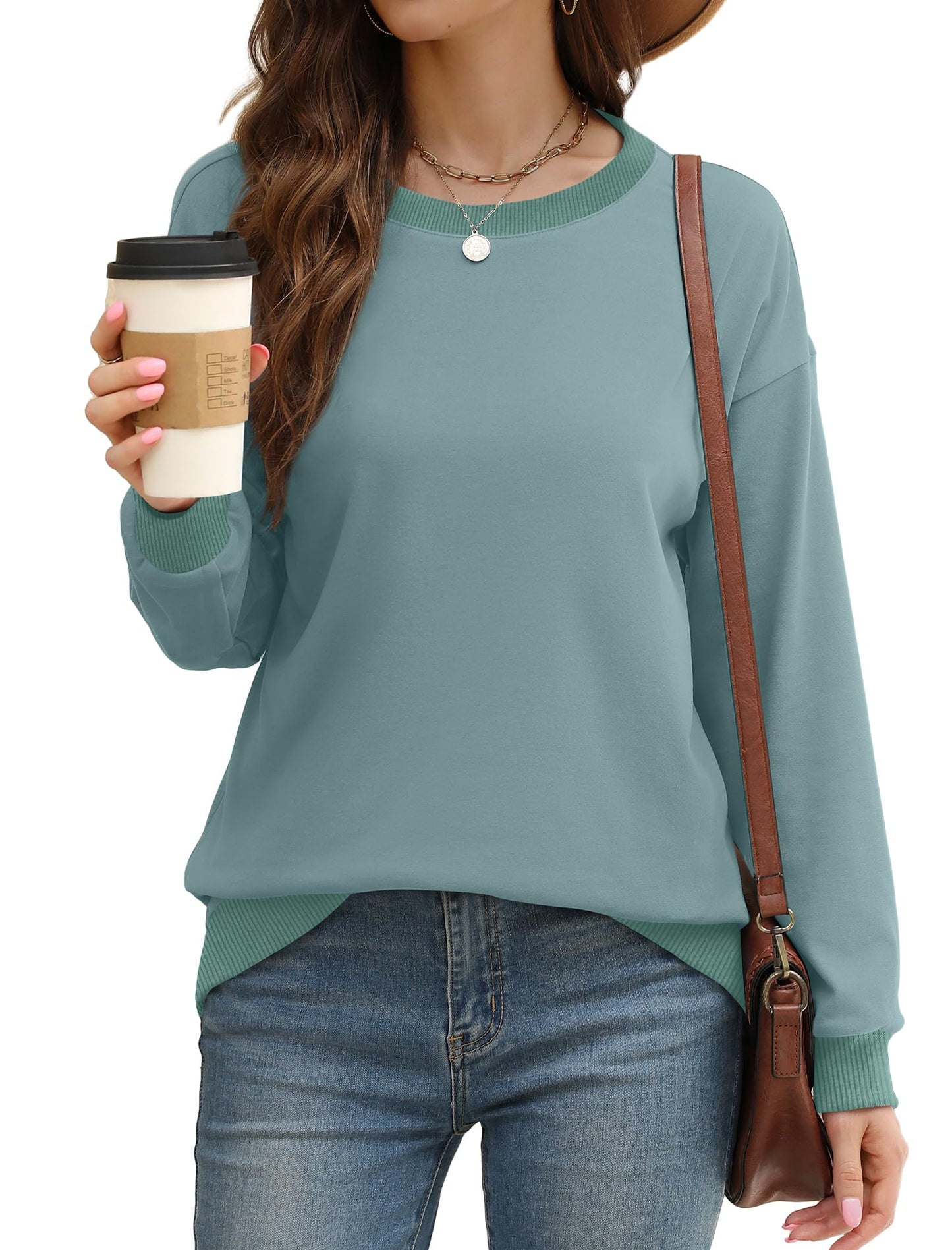 Sweatshirts for Women Crewneck Long Sleeve Loose Fit Tops Color Block Ribbed Trim Fashion