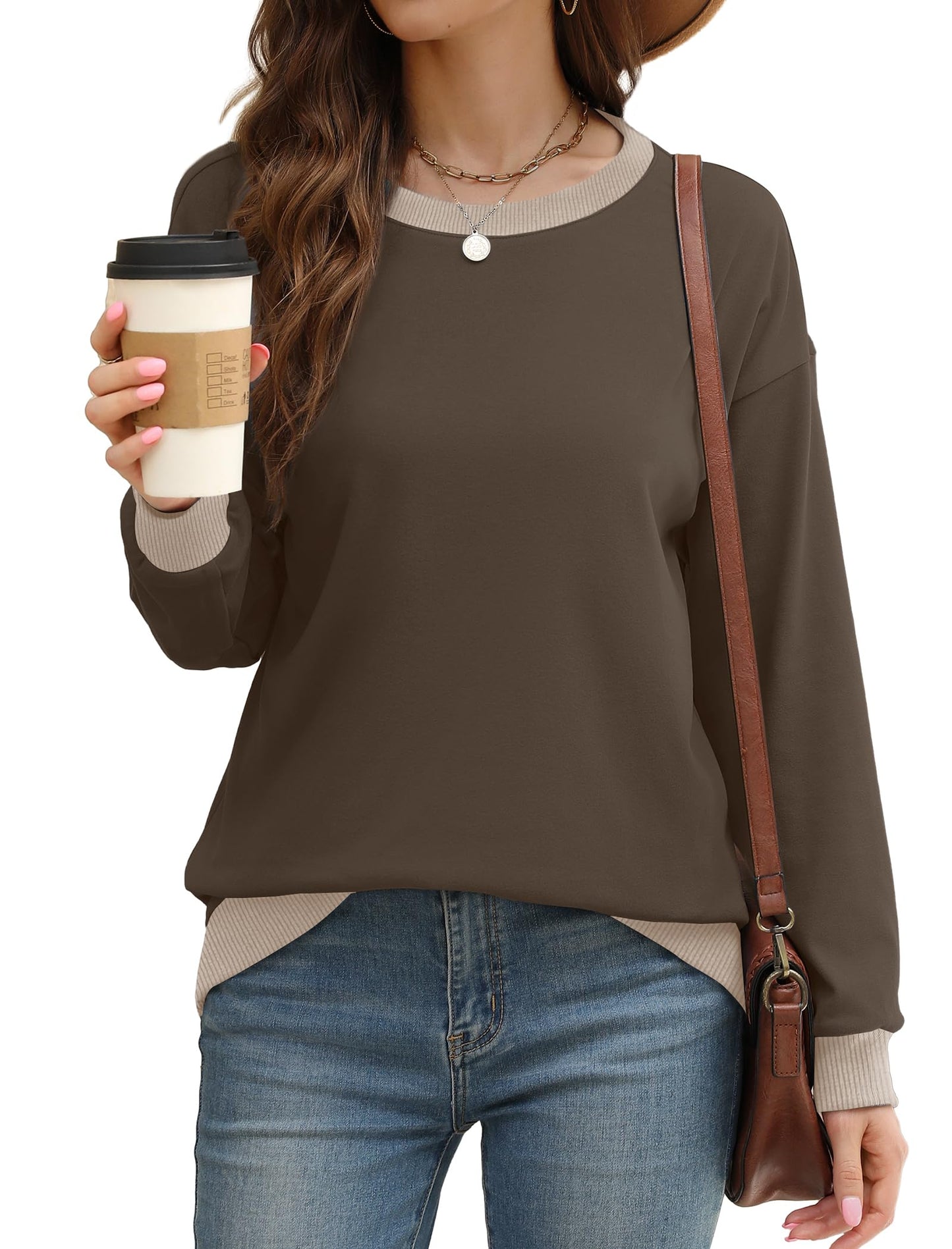 Sweatshirts for Women Crewneck Long Sleeve Loose Fit Tops Color Block Ribbed Trim Fashion