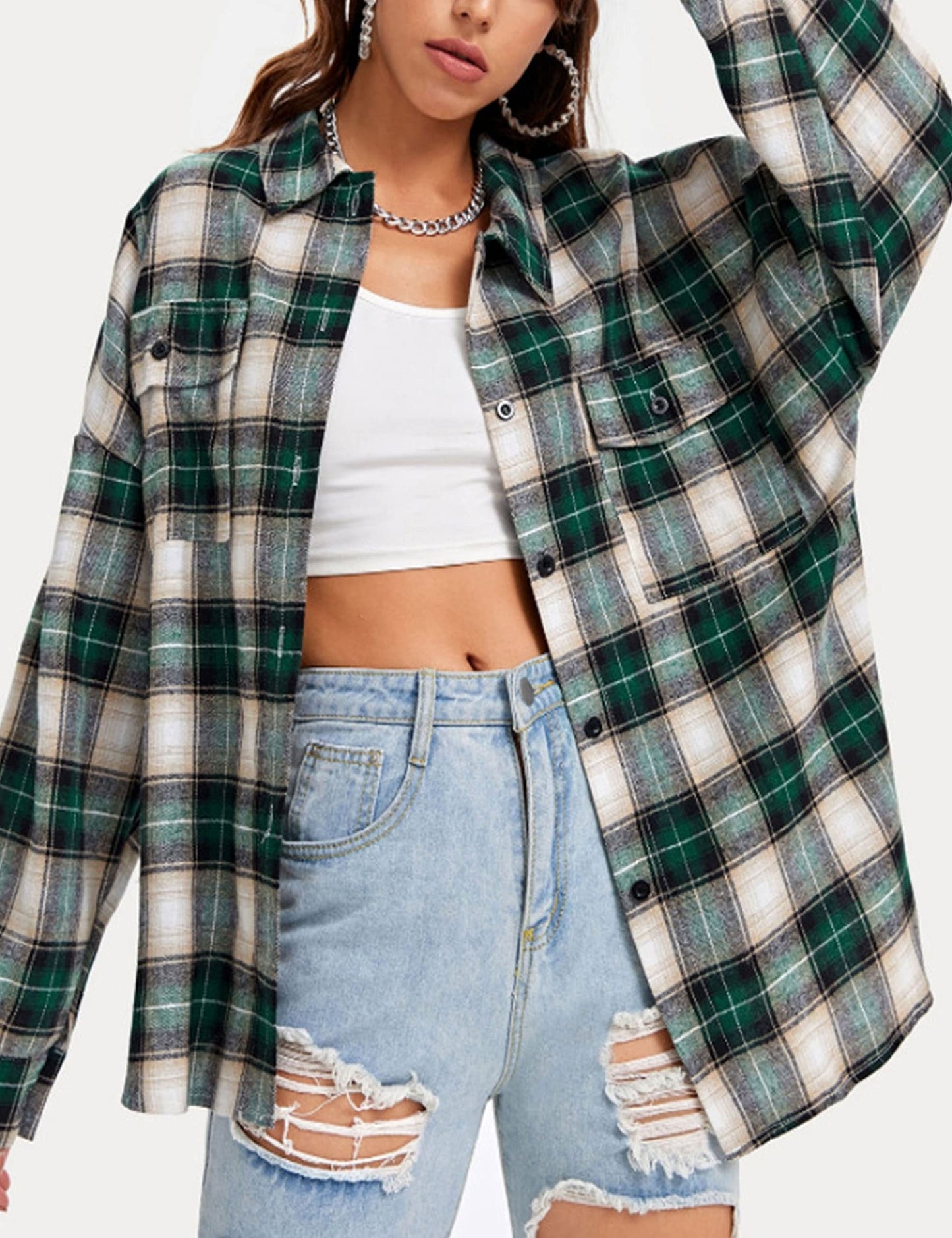 Plaid Flannel Shirts for Women Oversized Long Sleeve Button Down Buffalo Plaid Shirt Blouse Tops