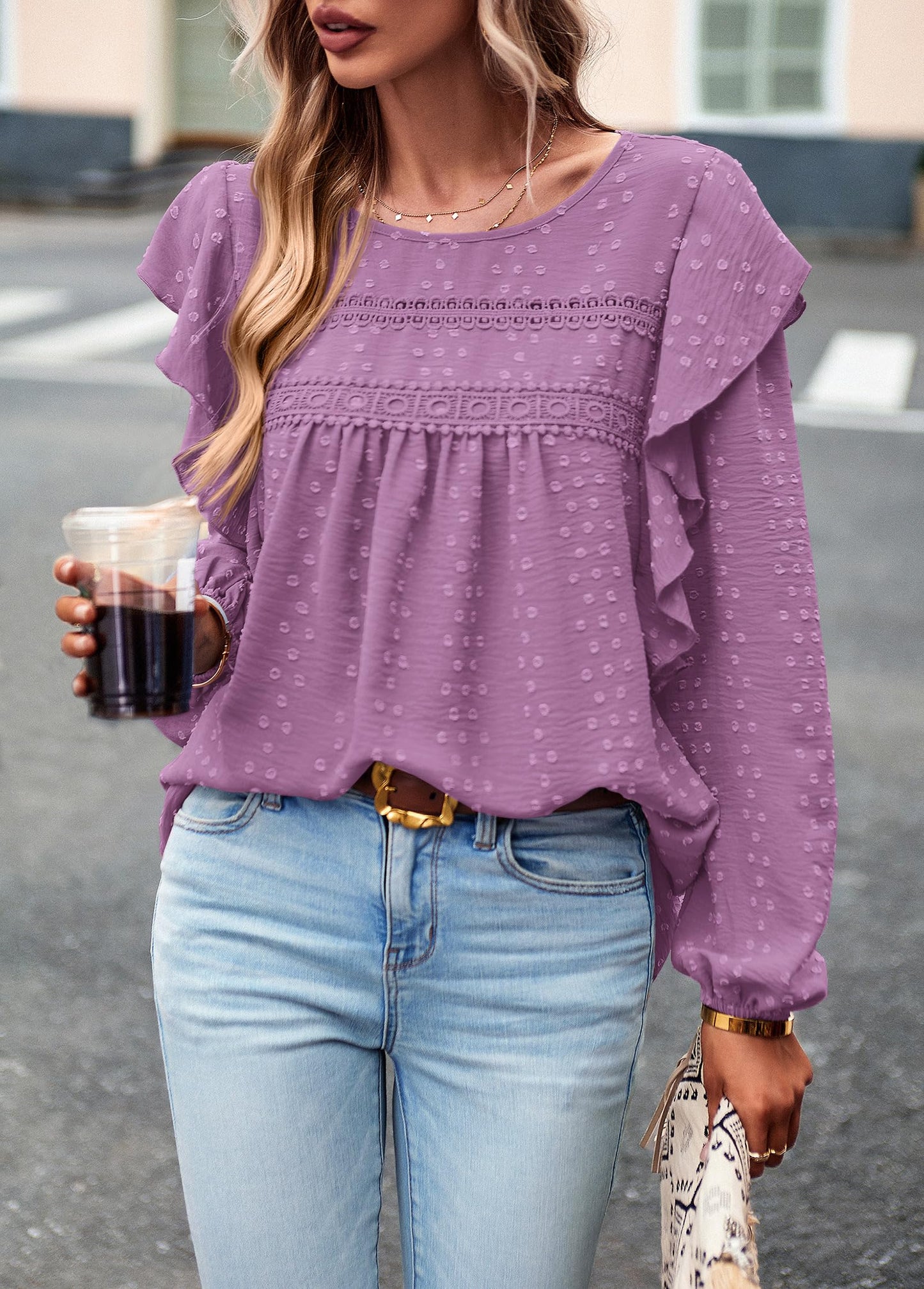 Women's Long Sleeve Blouses Ruffle Swiss Dot Crochet Loose Fit