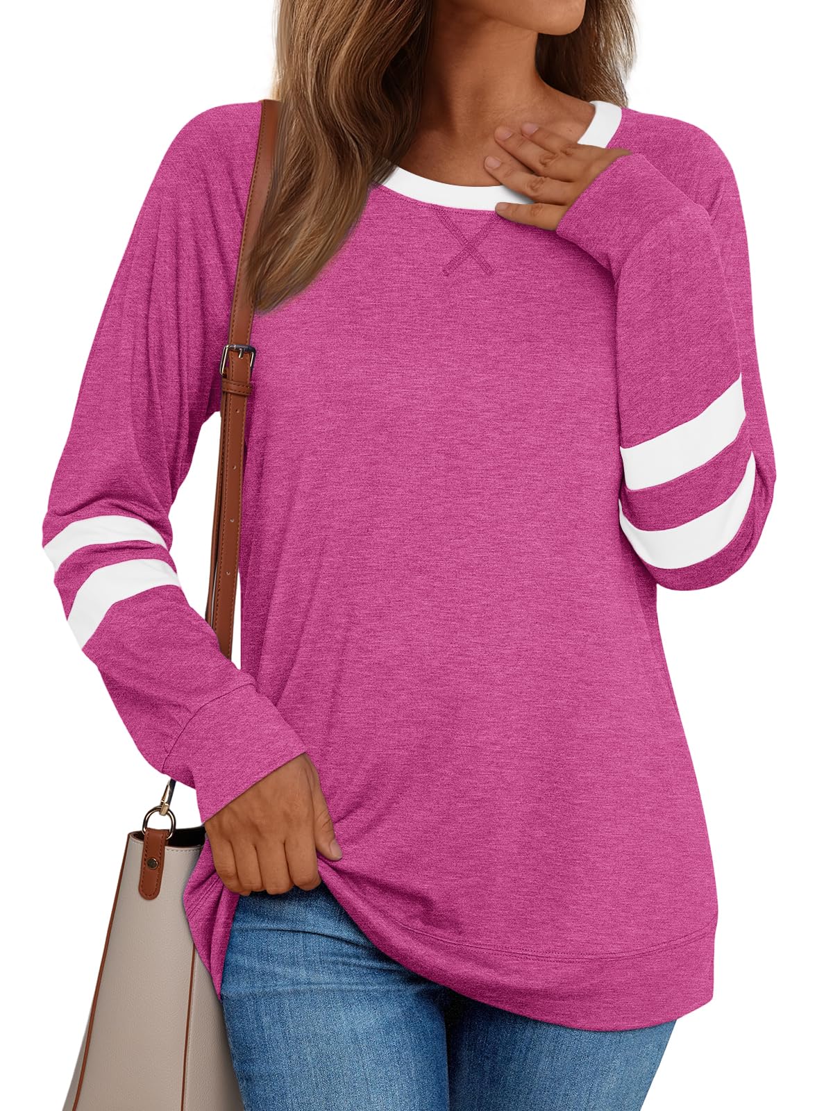 Womens Long Sleeve Shirts Color Block Casual Crewneck Tops Tshirt Basic Tees Fashion Clothes Trendy Outfits