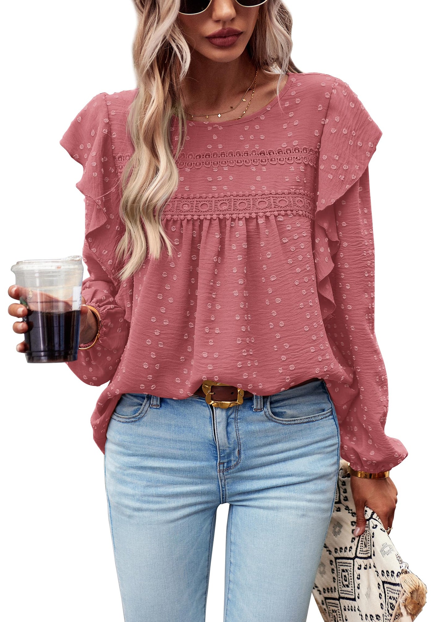 Women's Long Sleeve Blouses Ruffle Swiss Dot Crochet Loose Fit