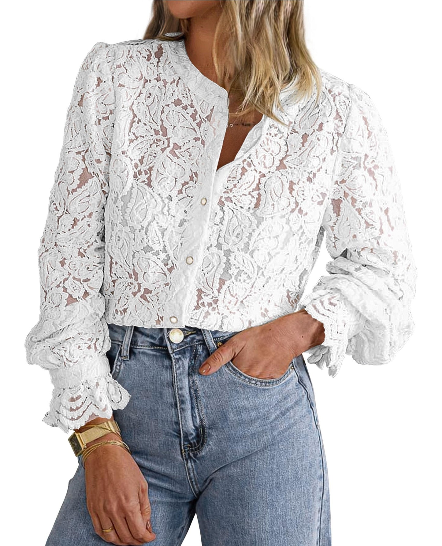 Women's Dressy Casual Lace Blouse Long Sleeve Button Up Shirts Tops