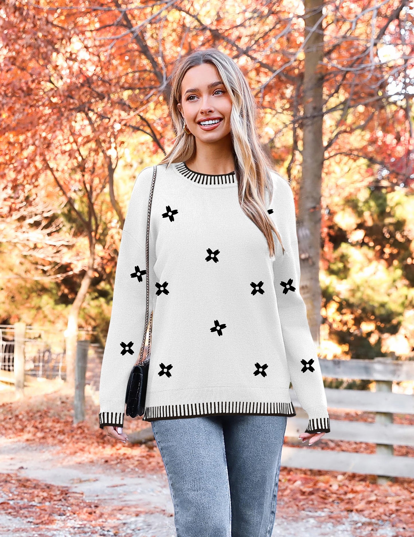Womens Crewneck Pullover Sweater Long Sleeve Knit Side Slit