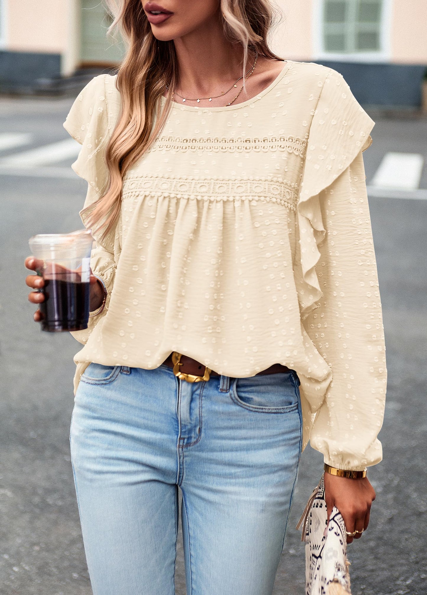 Women's Long Sleeve Blouses Ruffle Swiss Dot Crochet Loose Fit