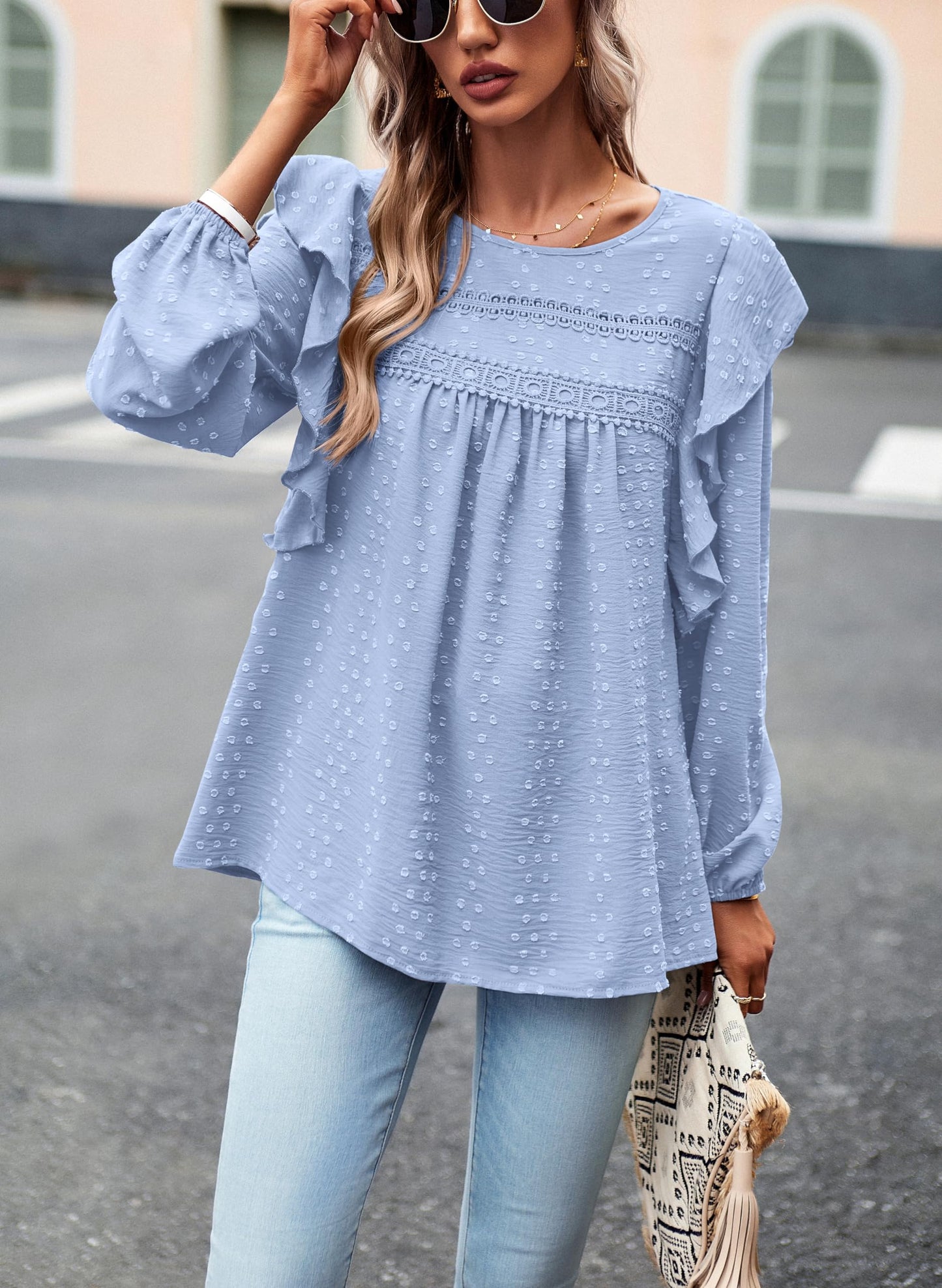 Women's Long Sleeve Blouses Ruffle Swiss Dot Crochet Loose Fit