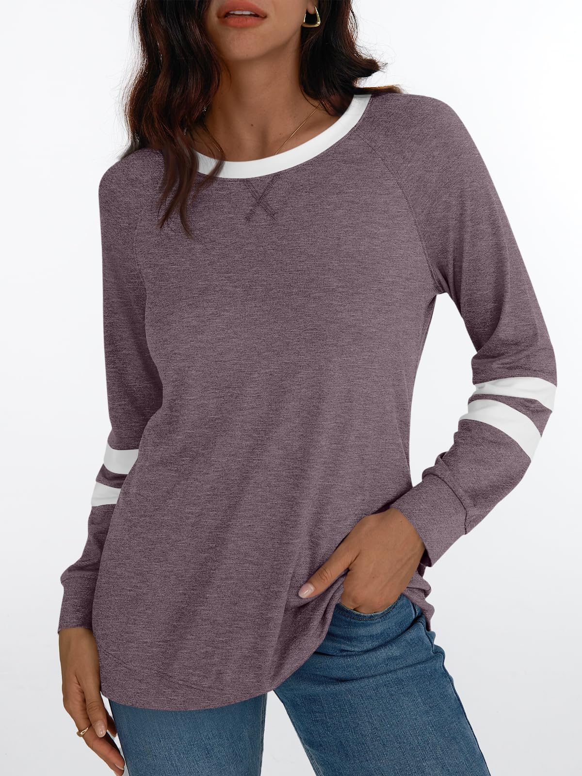 Womens Long Sleeve Shirts Color Block Casual Crewneck Tops Tshirt Basic Tees Fashion Clothes Trendy Outfits