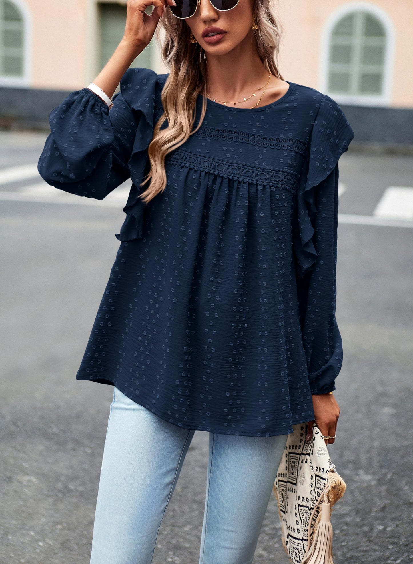 Women's Long Sleeve Blouses Ruffle Swiss Dot Crochet Loose Fit