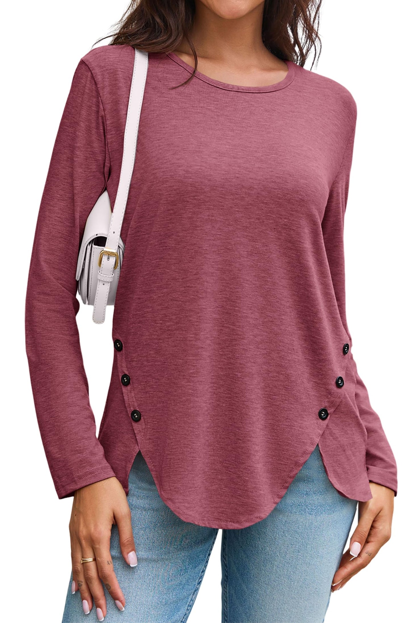 Womens Casual Long Sleeve Tunic Shirts Round Neck Button Side Blouses Tops