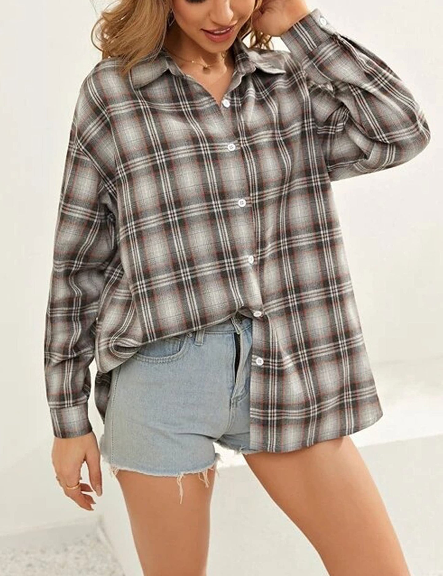 Plaid Flannel Shirts for Women Oversized Long Sleeve Button Down Buffalo Plaid Shirt Blouse Tops