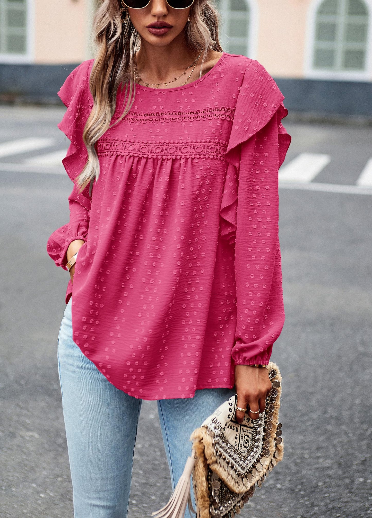 Women's Long Sleeve Blouses Ruffle Swiss Dot Crochet Loose Fit