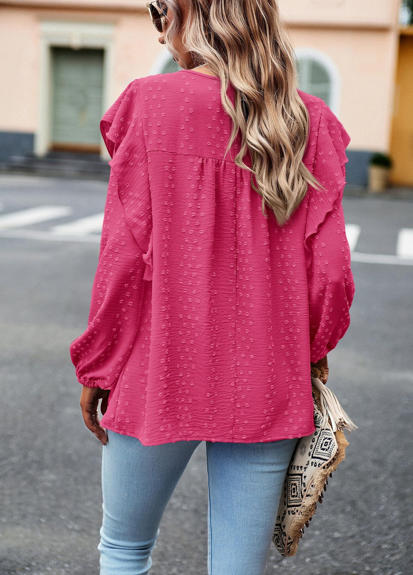 Women's Long Sleeve Blouses Ruffle Swiss Dot Crochet Loose Fit
