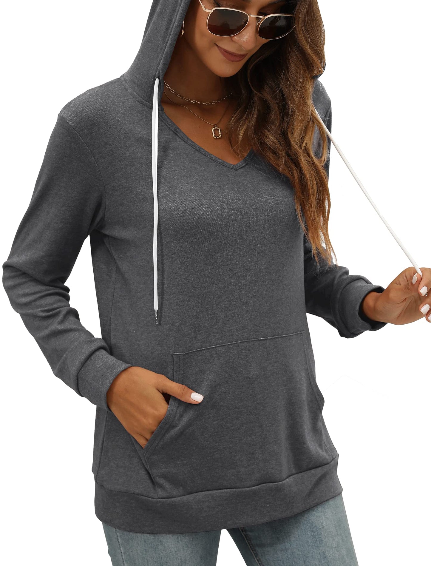 Pocket Hoodies for Womens V Neck Lightweight Sweatshirts Long Sleeve Tops