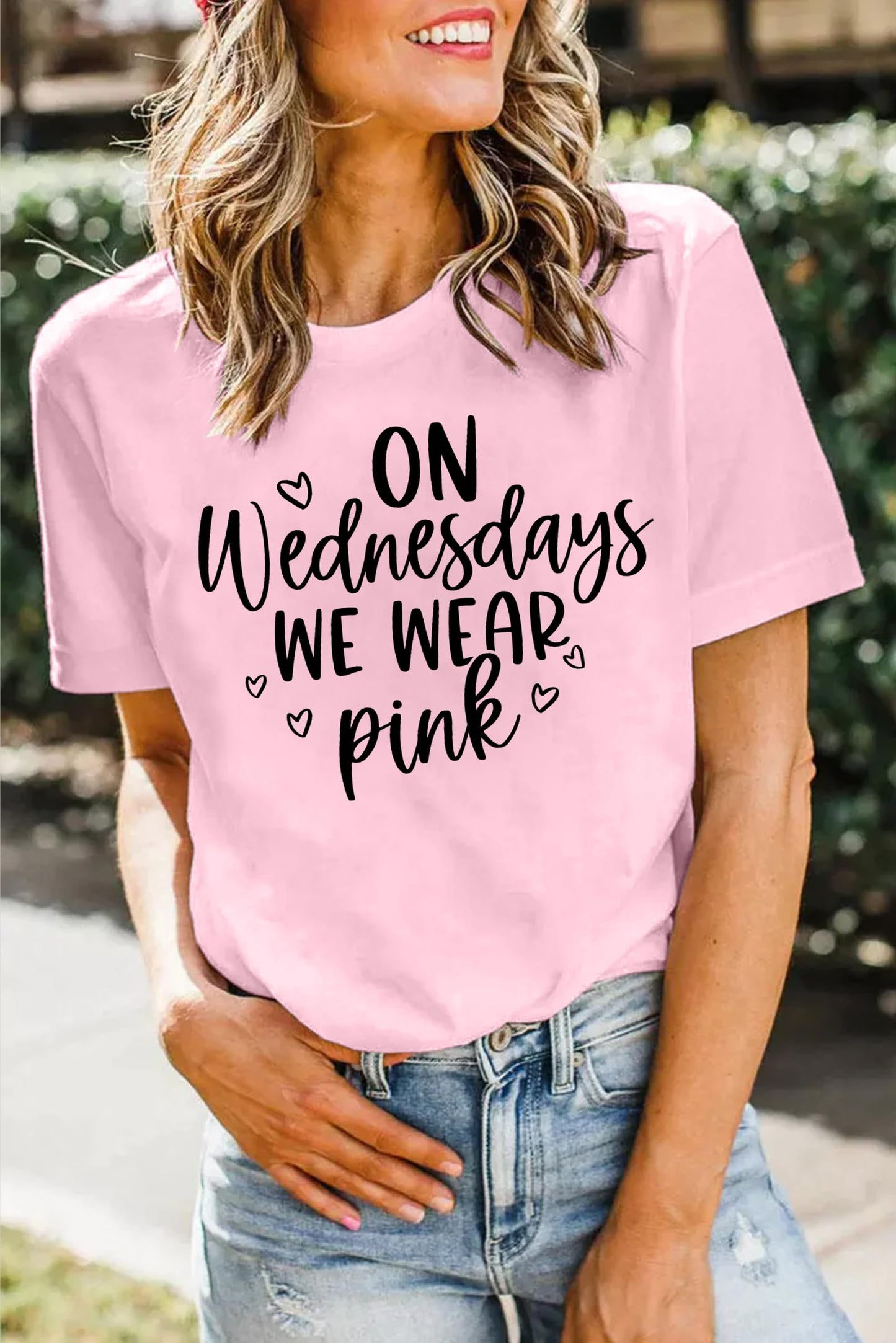 On Wednesday We Wear Pink Shirt Women Breast Cancer T Shirt Short Sleeve Print Tees Gifts for Girls Matching Outfits Top