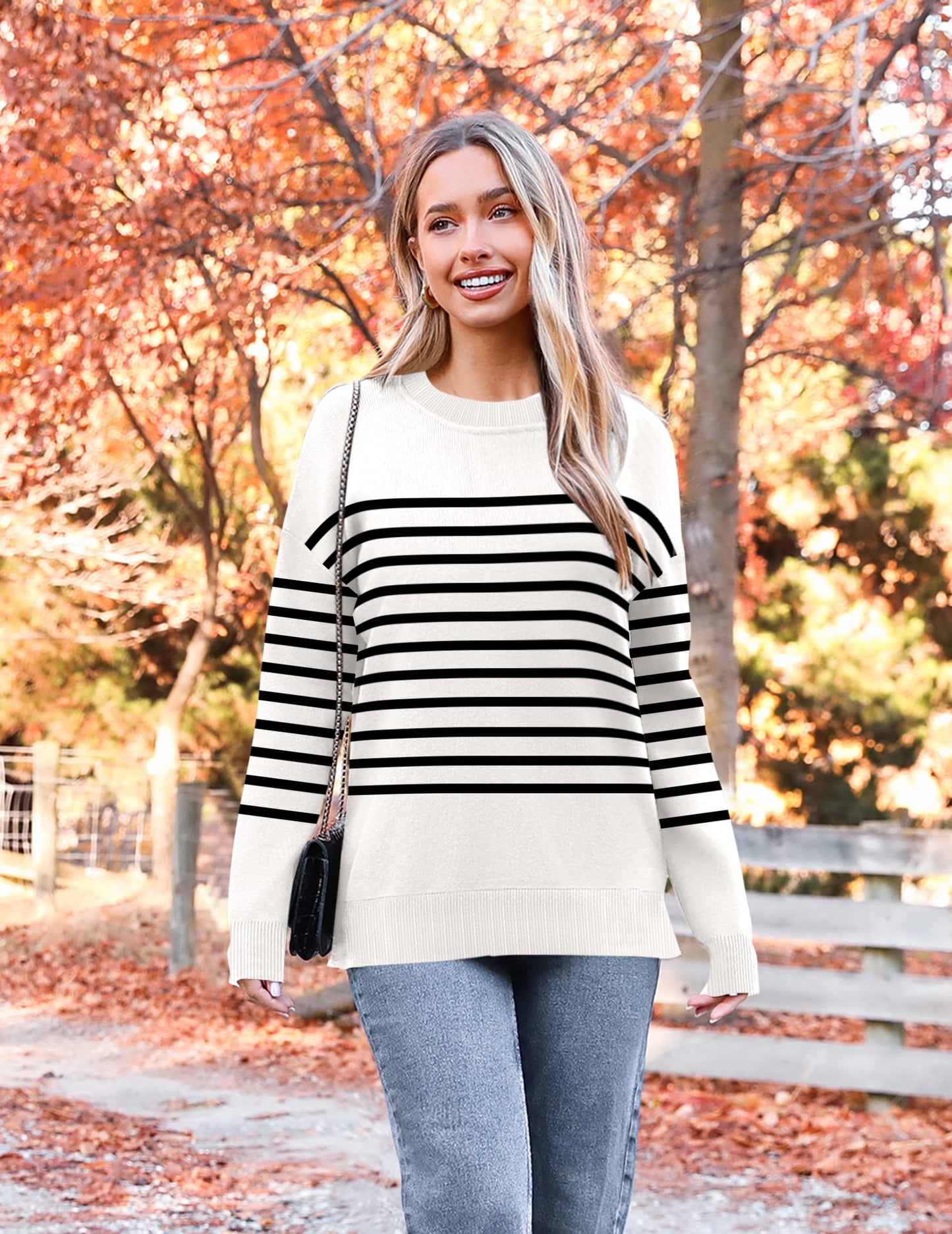 Womens Crewneck Pullover Sweater Long Sleeve Knit Side Slit