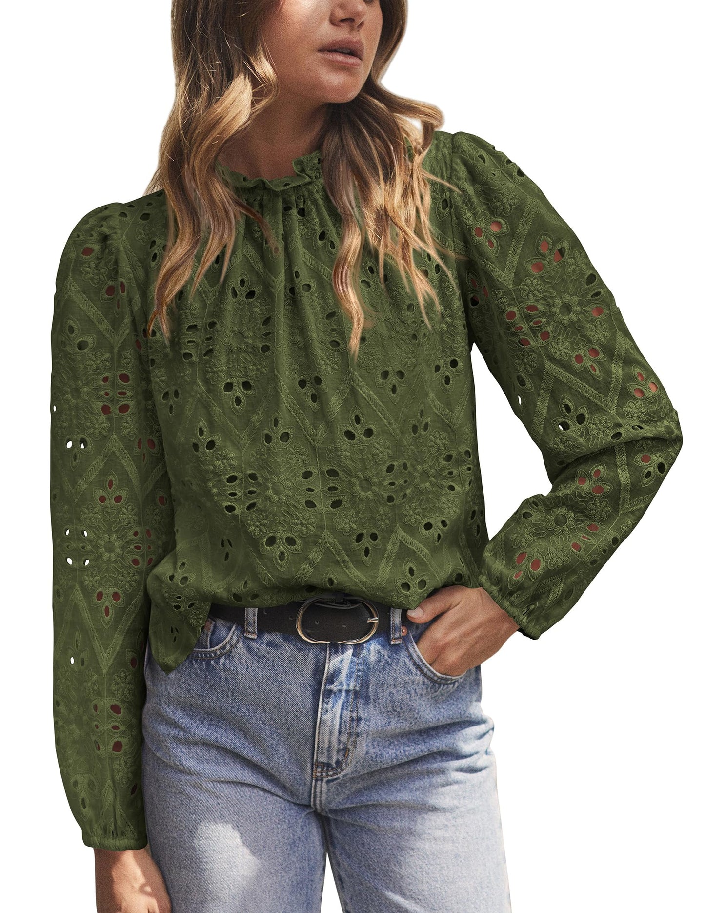 Women’s Blouses Dressy Casual Embroidered Long Puff Sleeve Shirts Ruffle Eyelet Lace Top