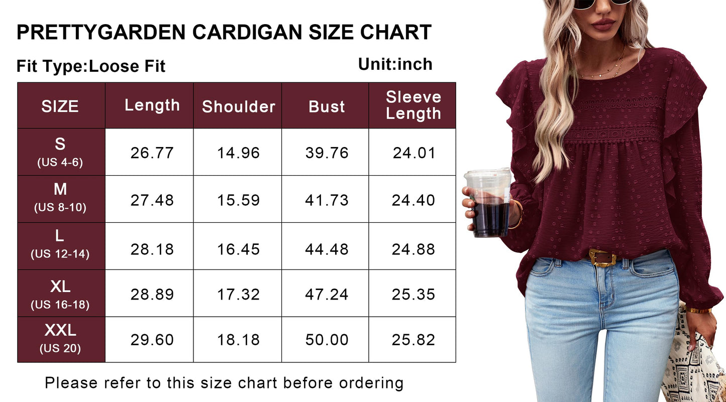Women's Long Sleeve Blouses Ruffle Swiss Dot Crochet Loose Fit